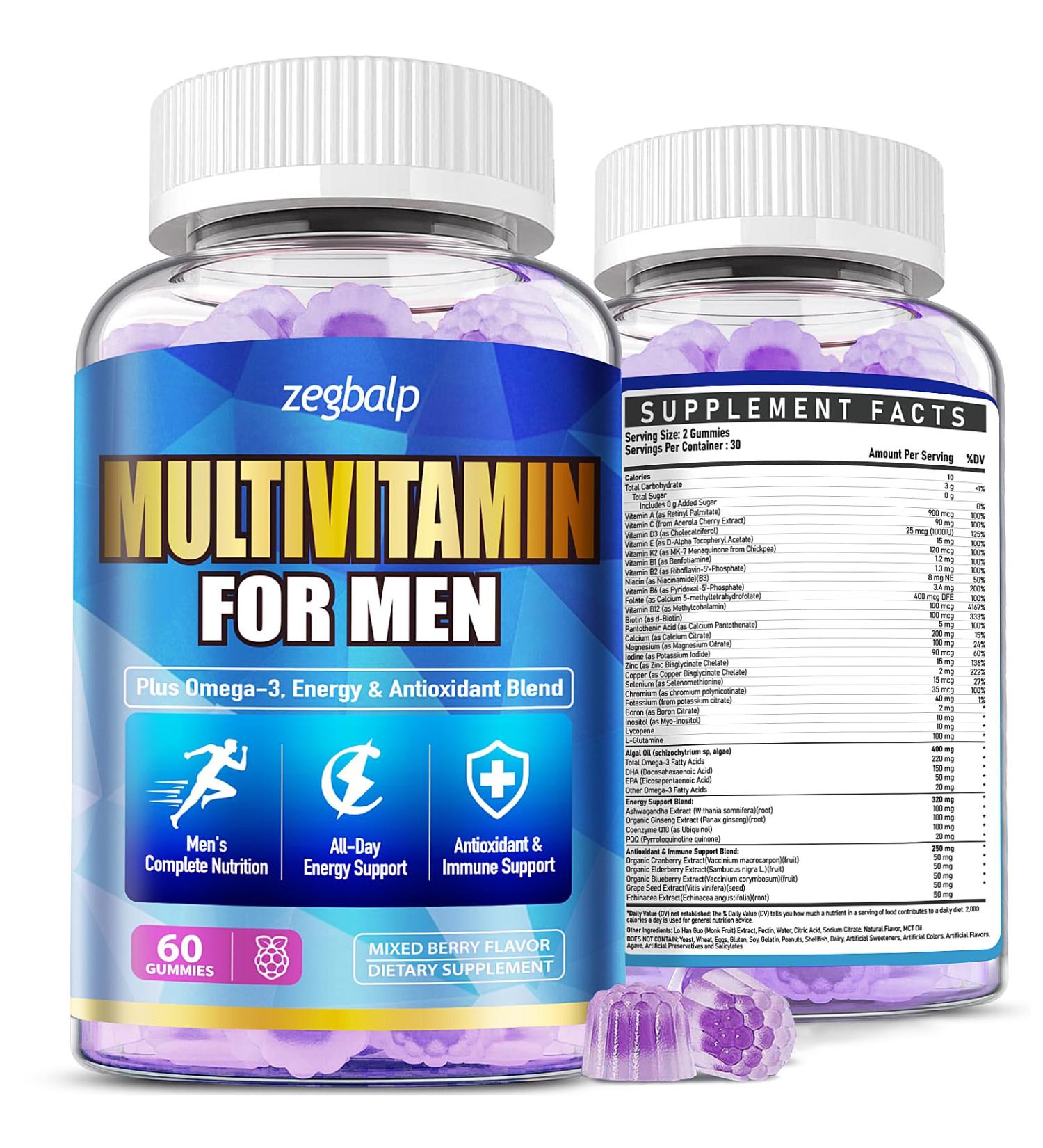 Mens Multivitamins Gummies with Methylated Vitamins - Vegan Omega-3 CoQ10 Vitamin A C D3 K2 B12 Calcium Zinc Grape Seed Support Energy & Antioxidant - Multivitamin for Men Gummies Sugar-Free Mixed Berries 60 Count (Pa  - Buy Online on GoSupps.com