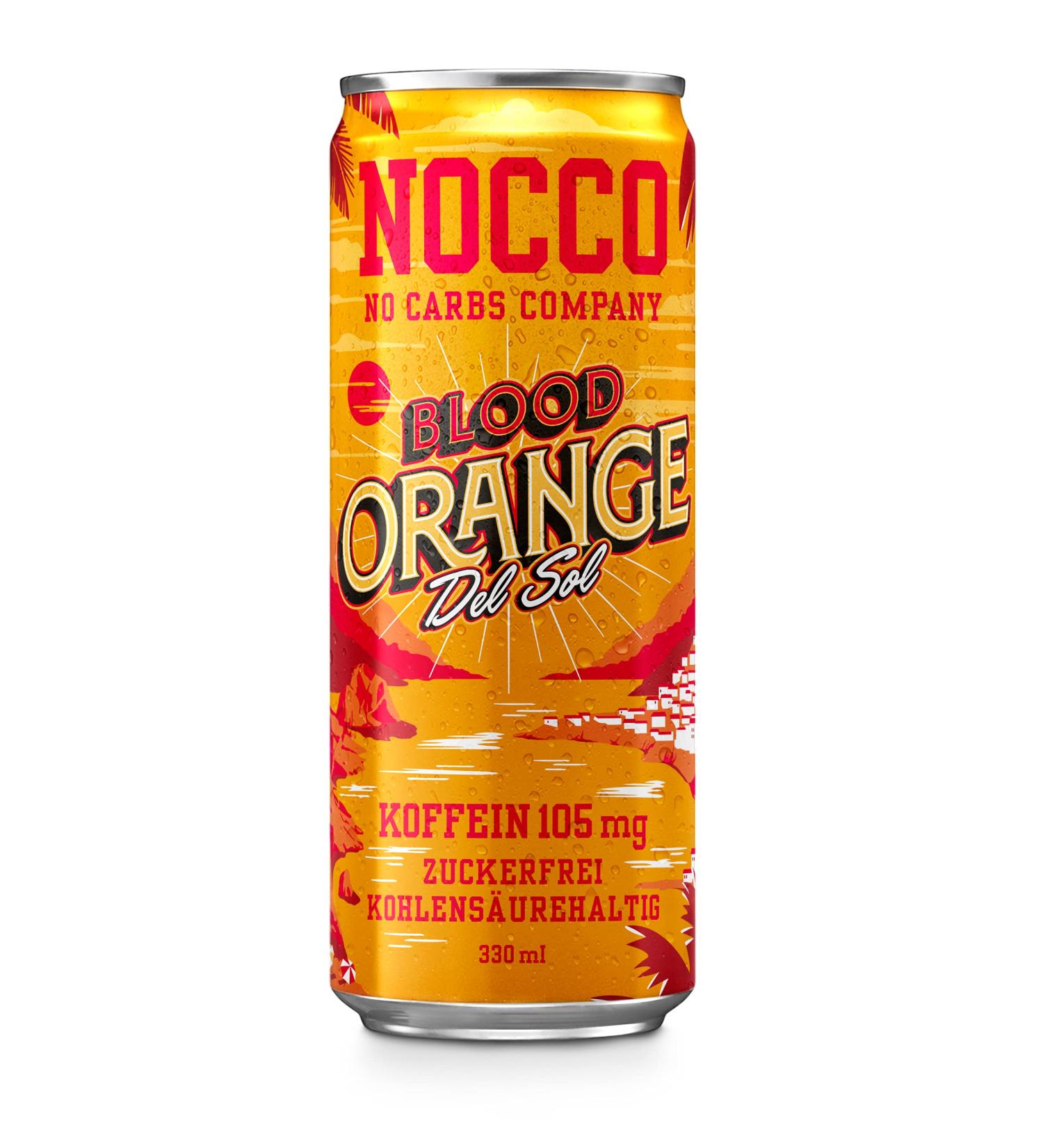 12 Dosen | NOCCO BCAA DRINK | Blood Orange Del Sol 330 ml | BCAA | 105mg Koffein | Energy Drink | Buxtrade