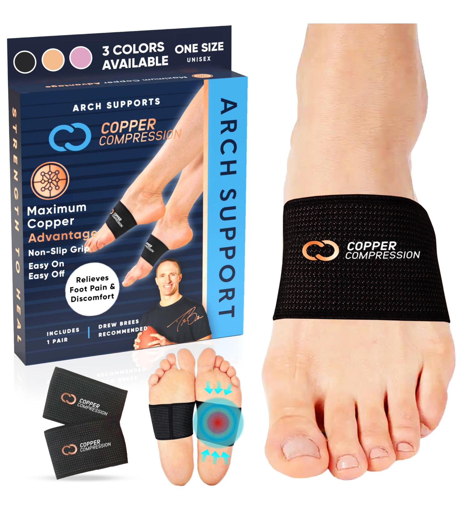 Buy Copper Compression Arch Support Sleeves for Plantar Fasciitis - Pain Relief Brace for Wider Feet - 1 Pair - Plus Size - Black - Buy Online on GoSupps.com