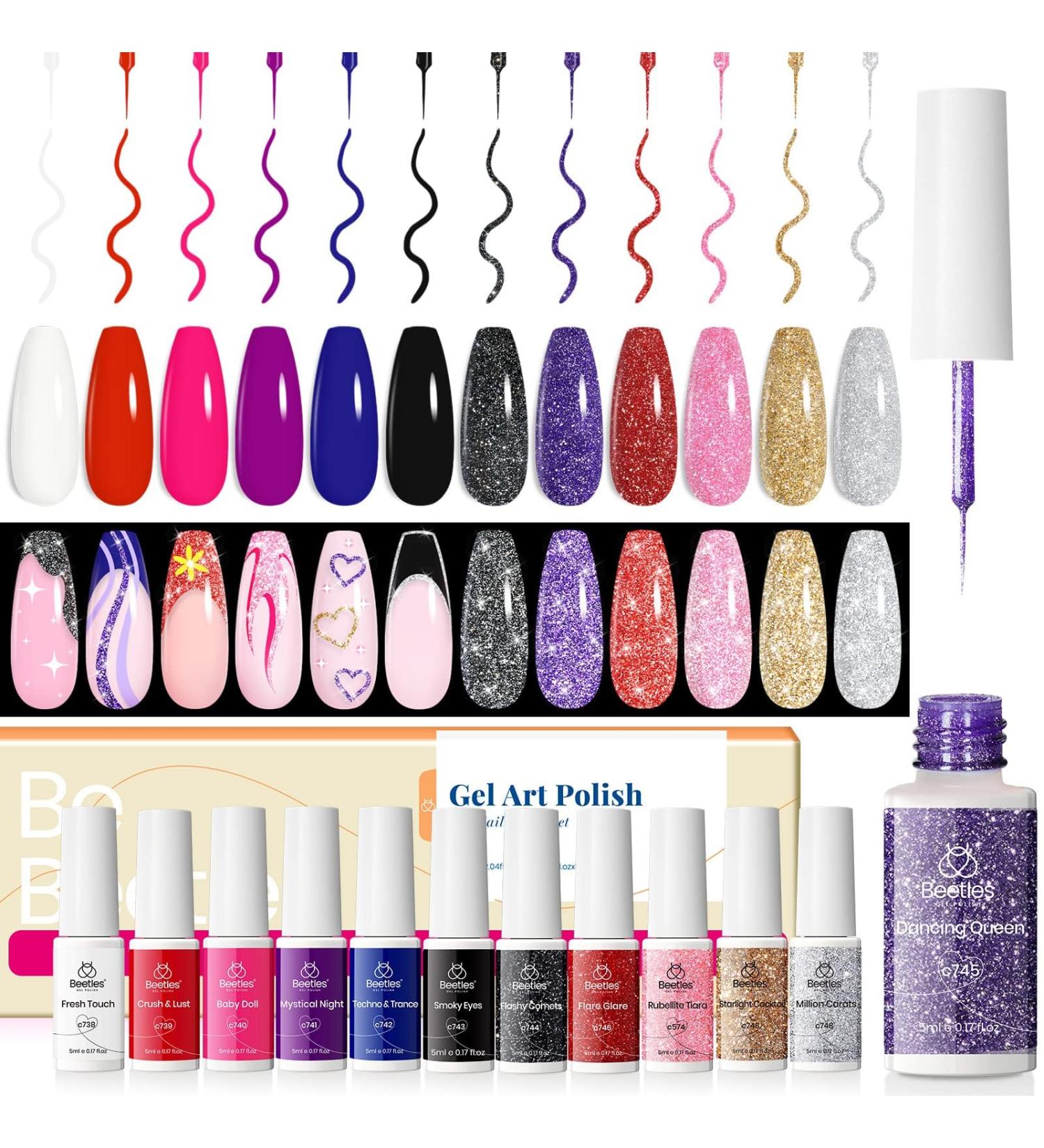 Beetles Gel Polish Nail Art Gel Liner Set-12 Color Reflective Glitter Black White Hot Pink Gel Art Paint for Swirl Nail Built Thin Nail Art Brush in Bottle Gel Pen Soak Off Led Lamp Manicure Kit 12 CLOLORS SET - Buy Online on GoSupps.com
