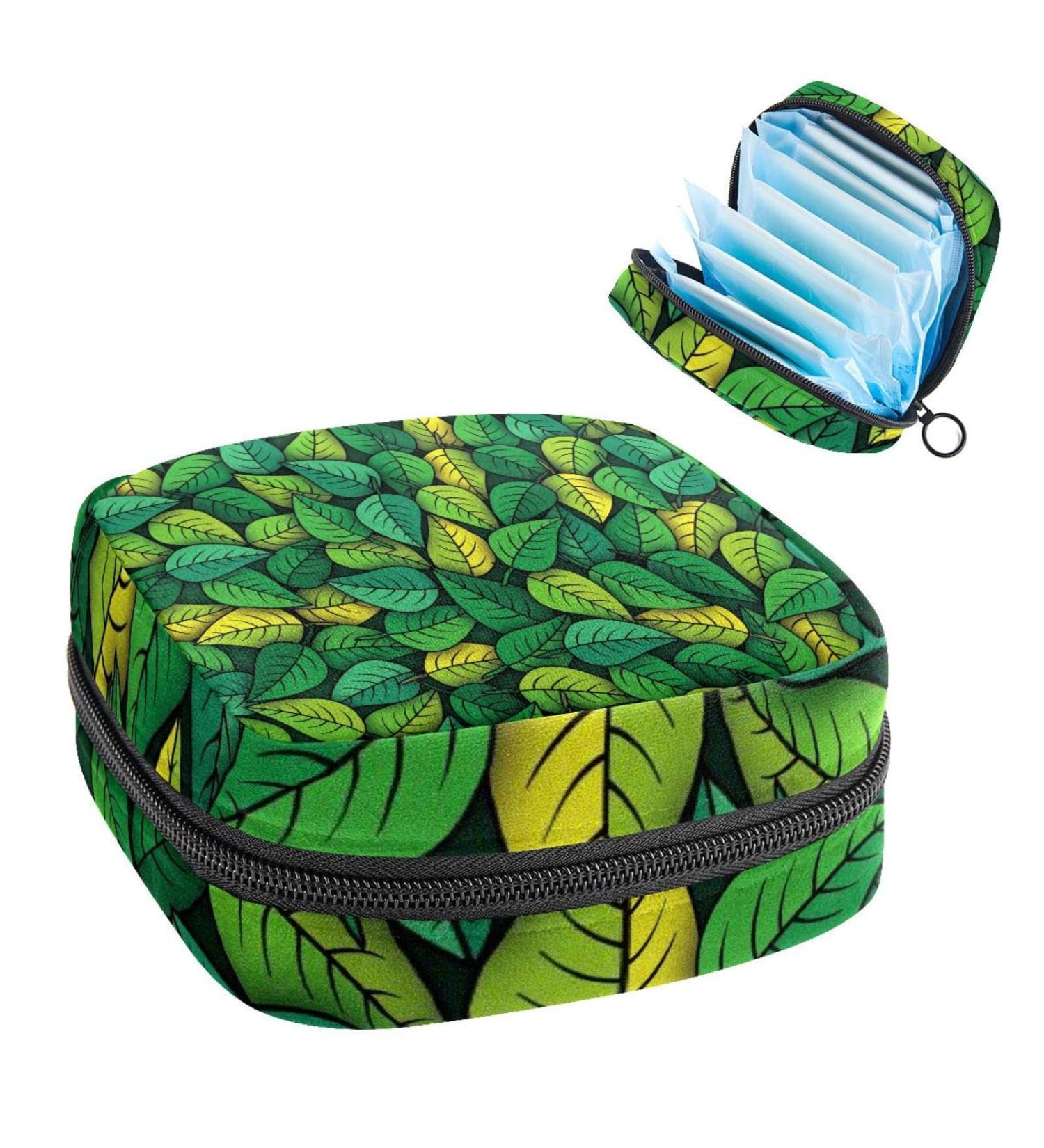 Women's Portable Period Kit - Bonds Storage Pockets Holder with Seamless Green Yellow Leaves Pattern | Feminine Product Bag for Girls - Buy Online on GoSupps.com