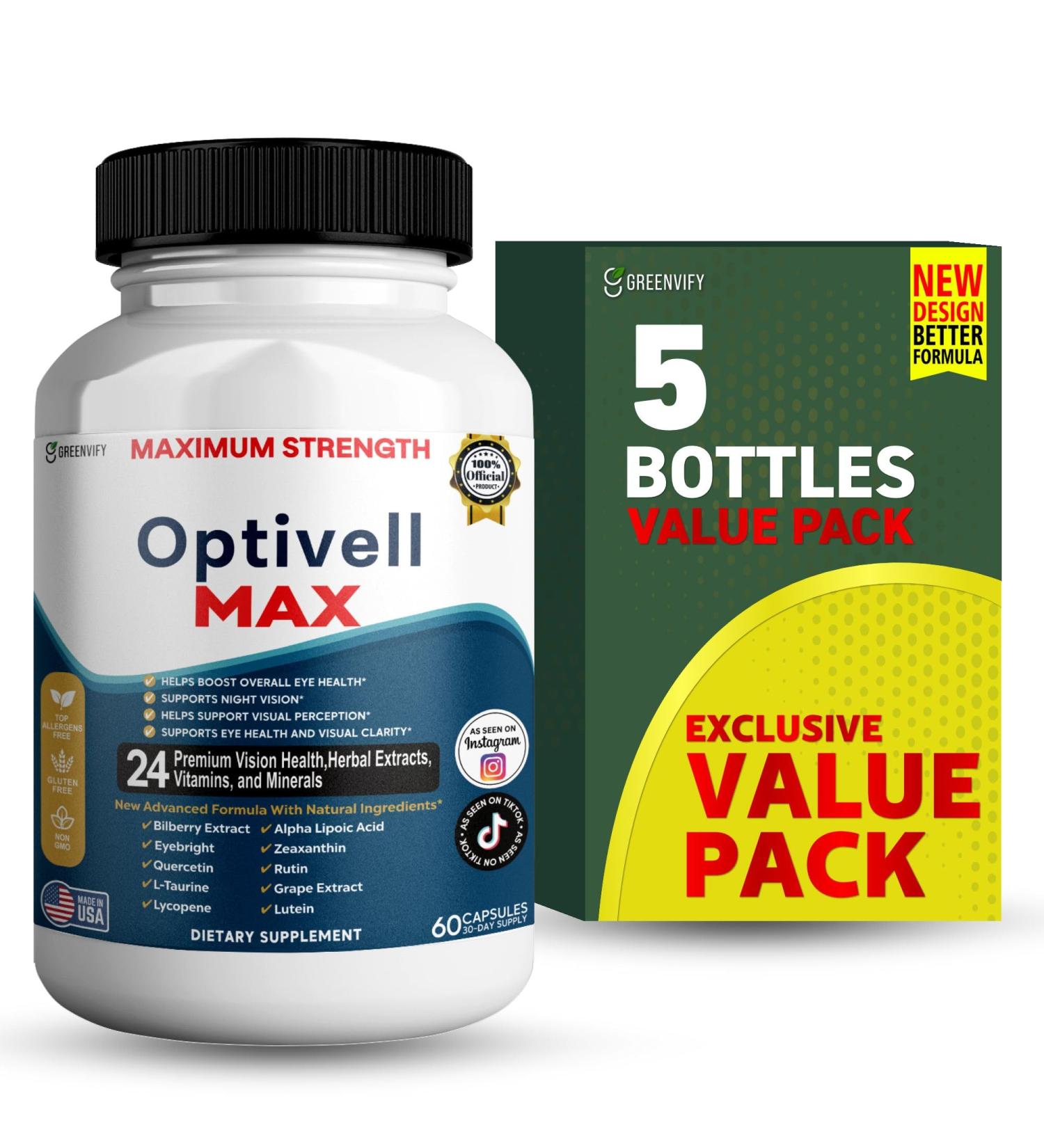GREENVIFY Optivell MAX Eye Health Supplement 24 Premium Vision Vitamins & Minerals 60 Capsules 30 Day Supply (5) - Buy Online on GoSupps.com