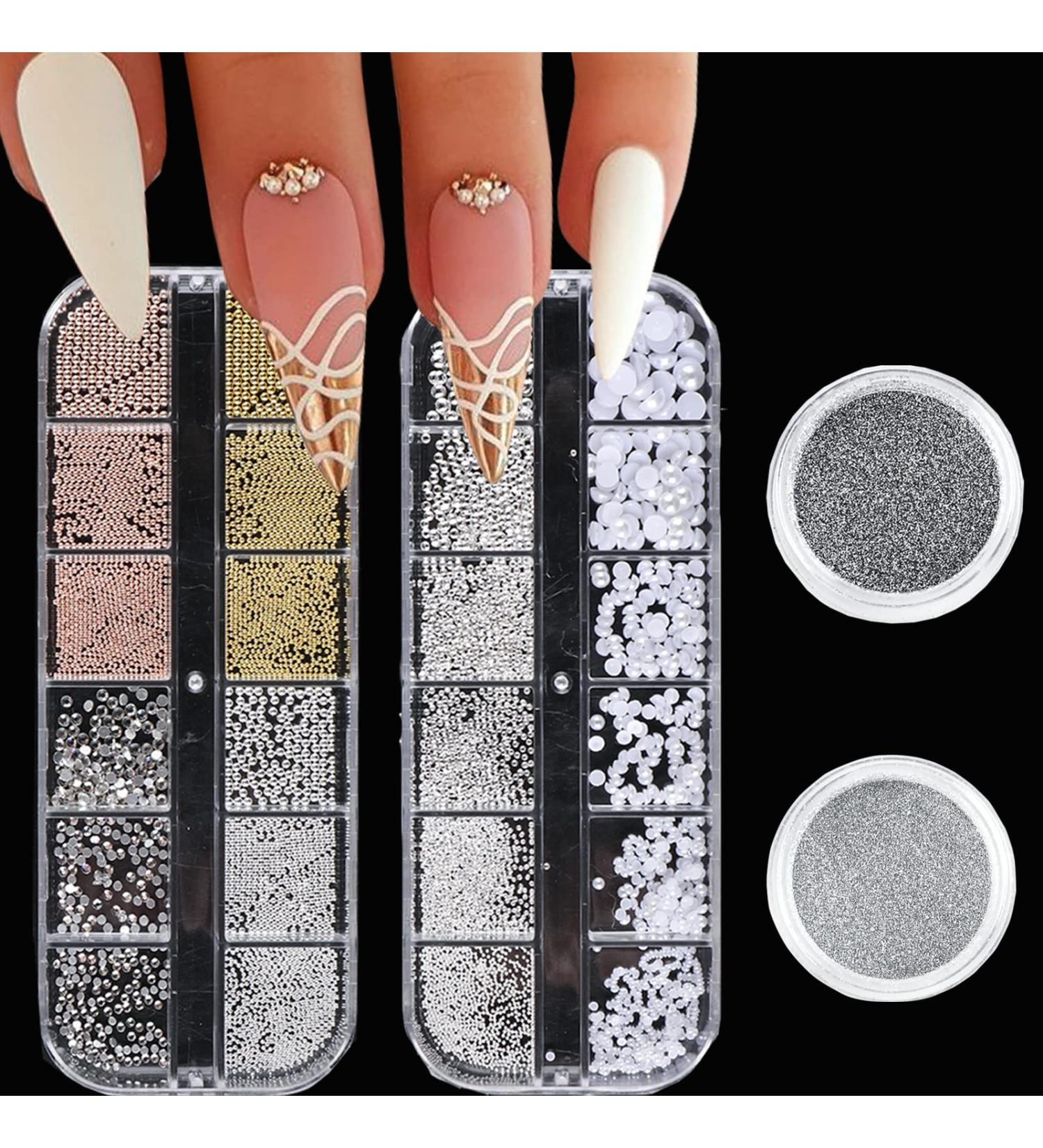 Nail Art Pearls & Charms Set - 4 Boxes Gold, Silver, White Half Round Gems, Glitter Powder, Rhinestones Accessories for Women - Acrylic Decorations Design - Buy Online on GoSupps.com