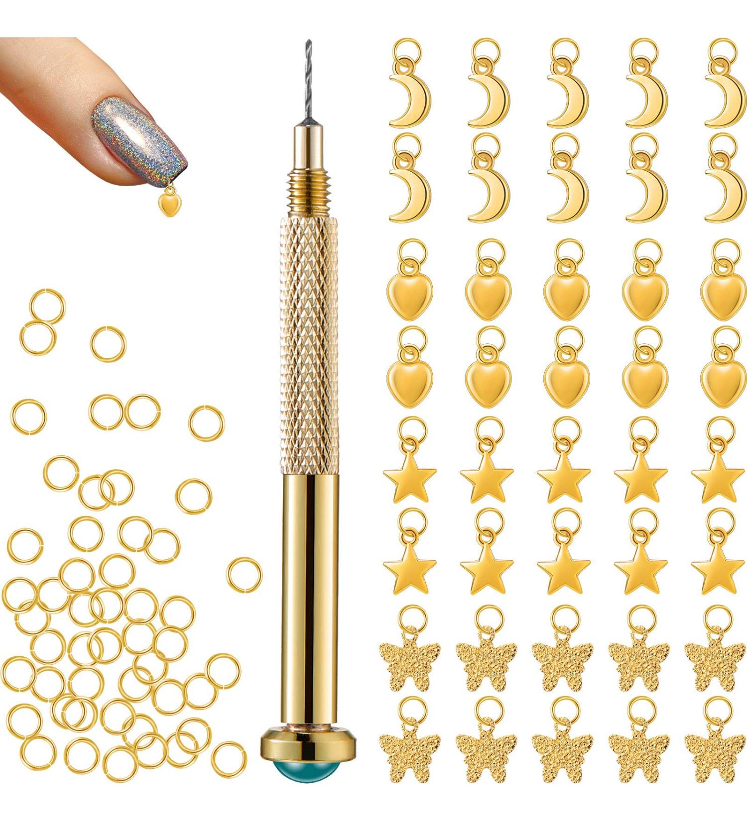 91 Pc Nail Jewelry Rings w/ Piercing Tool - Golden Charms for DIY Nail Art - Moon, Star, Butterfly, Heart - Buy Online on GoSupps.com