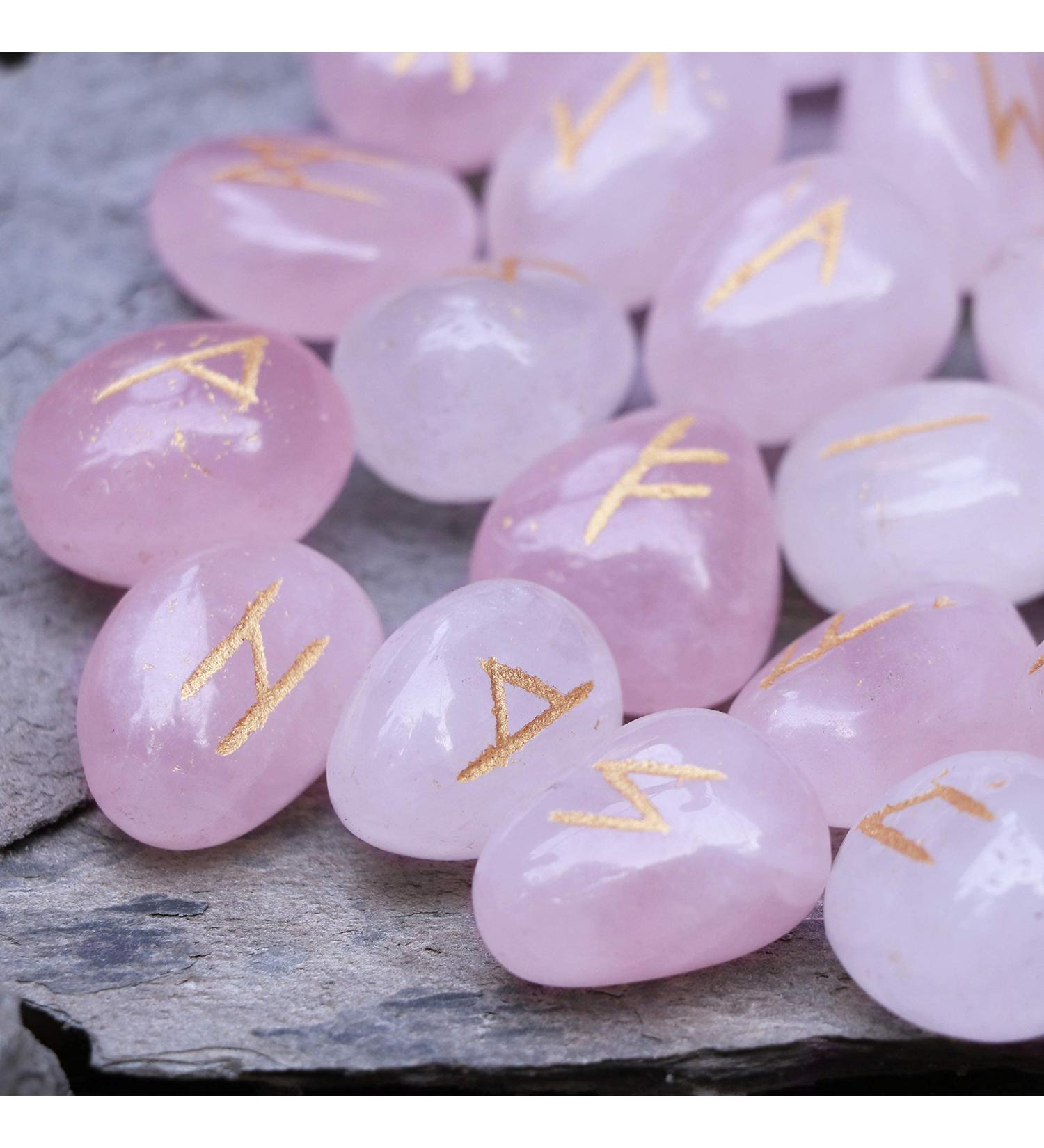 Rose Quartz Gemstone Rune Stones Set | Elder Futhark Alphabet Engraved | 25pcs for Feng Shui, Reiki, Chakra Healing | 15-20mm - Buy Online on GoSupps.com