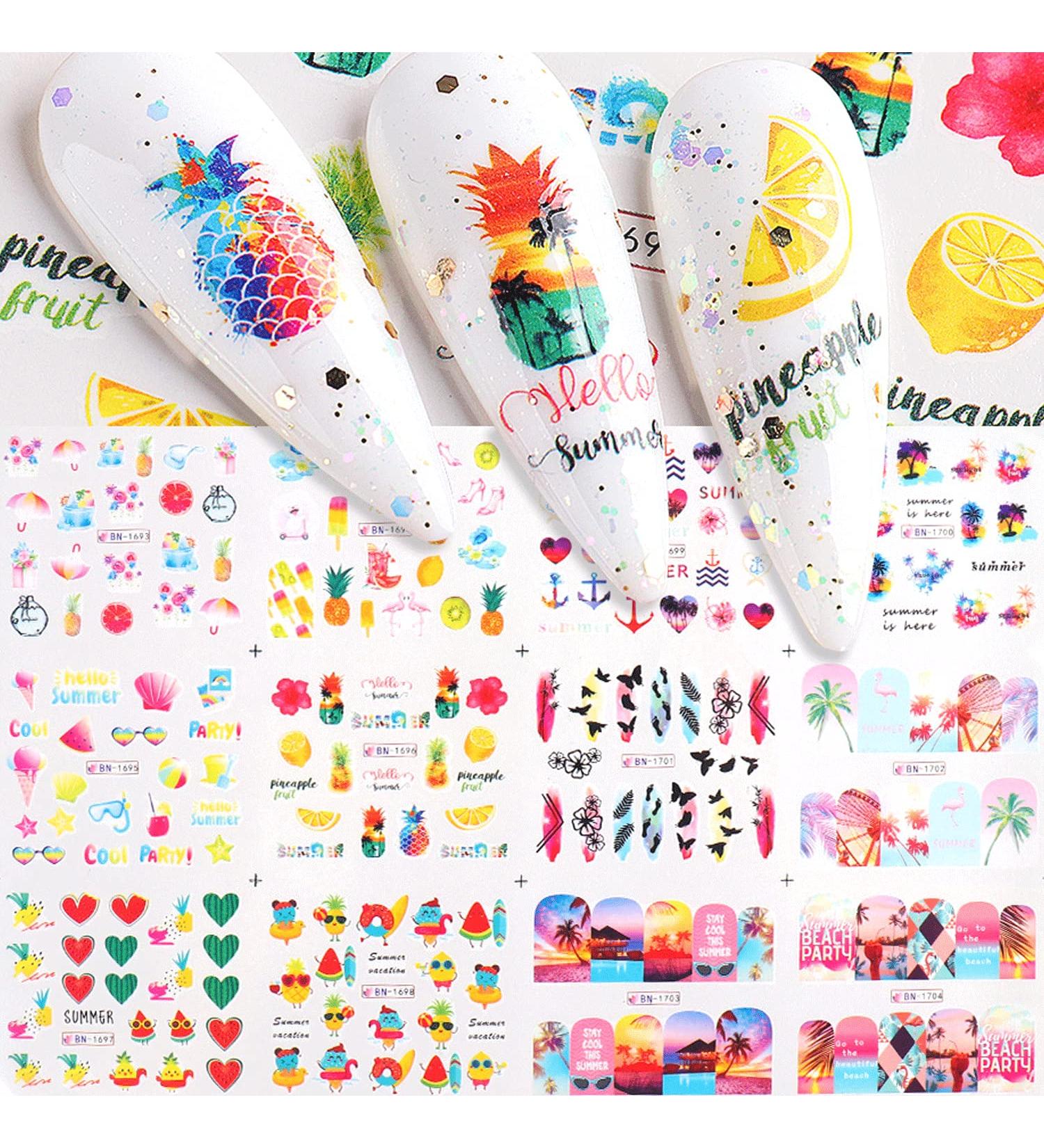 Summer Fruit Nail Stickers - Pineapple, Tropical Leaf Design | 12sheets - Buy Online on GoSupps.com