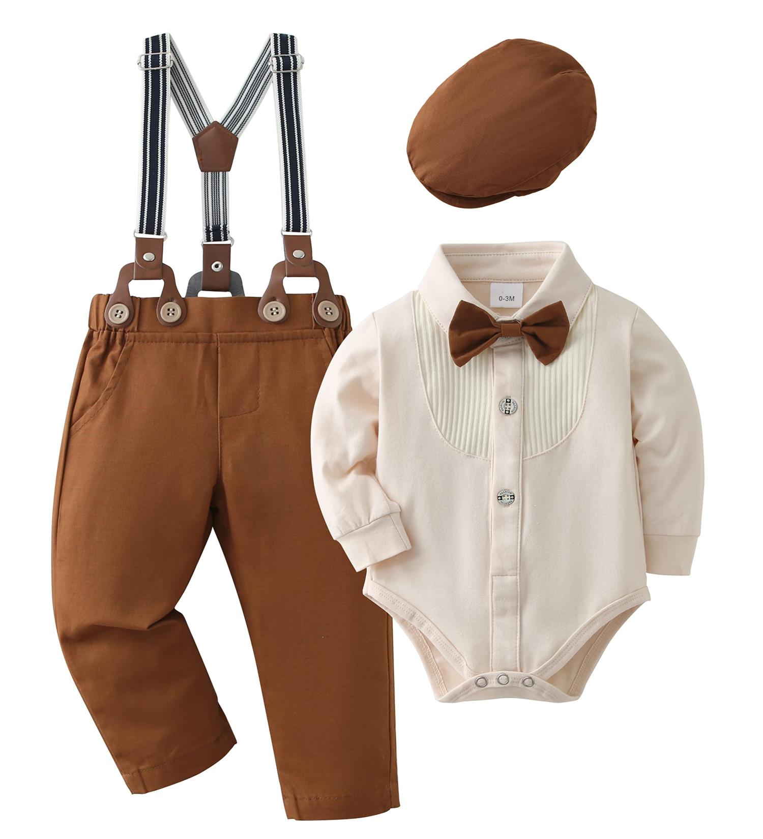 ZOEREA Baby Boy Gentleman Outfit Set | Romper Jumpsuit, Bow Tie, Suspender Pants | 3-6 Months Beige - Buy Online on GoSupps.com