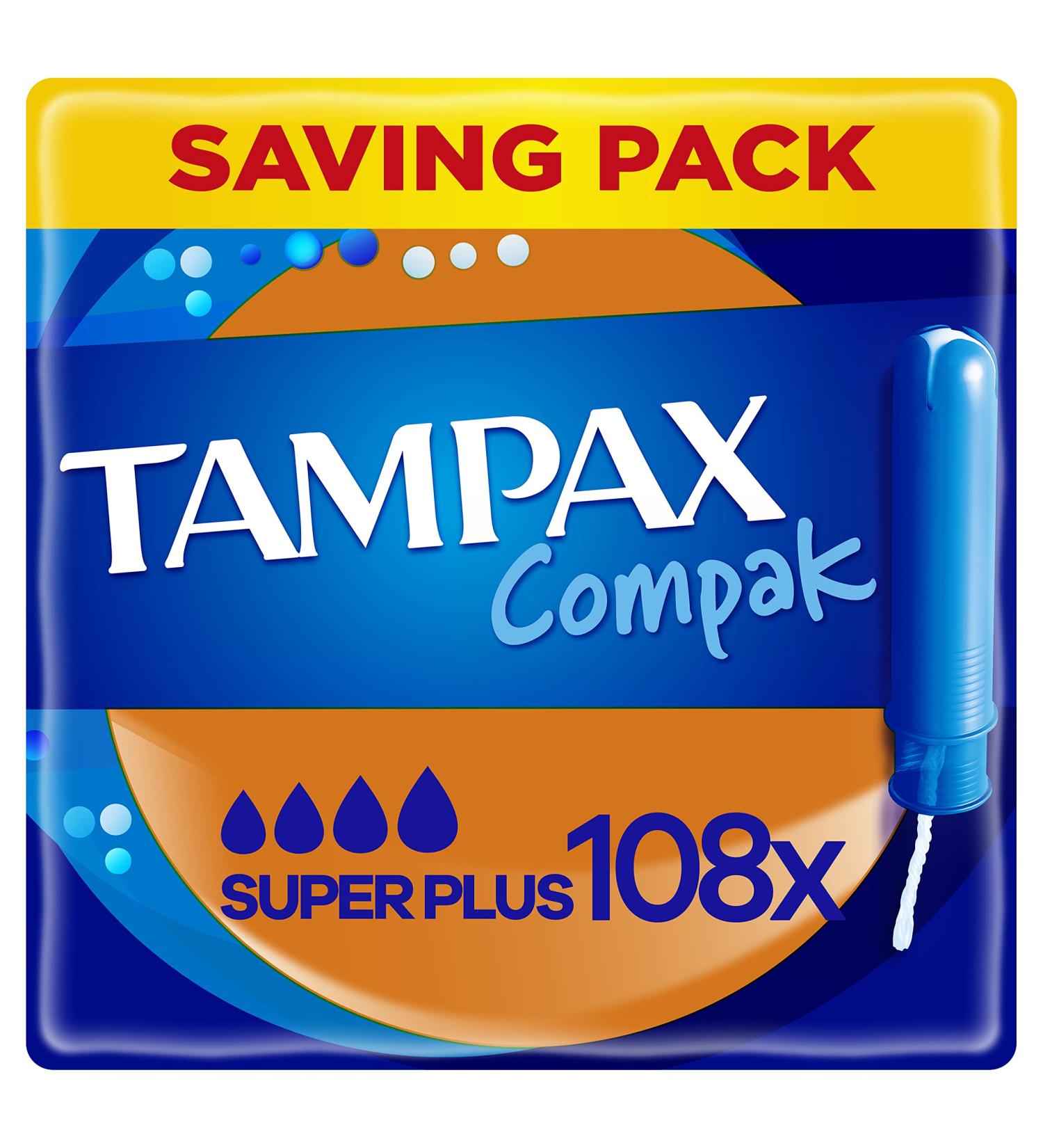 Tampax Compak Super Plus Absorbency Heavy Flow 108 Tampons With Applicator (18 x 6 Packs) SAVING PACK Comfortable & Clean Insertion Leak Protection - Buy Online on GoSupps.com