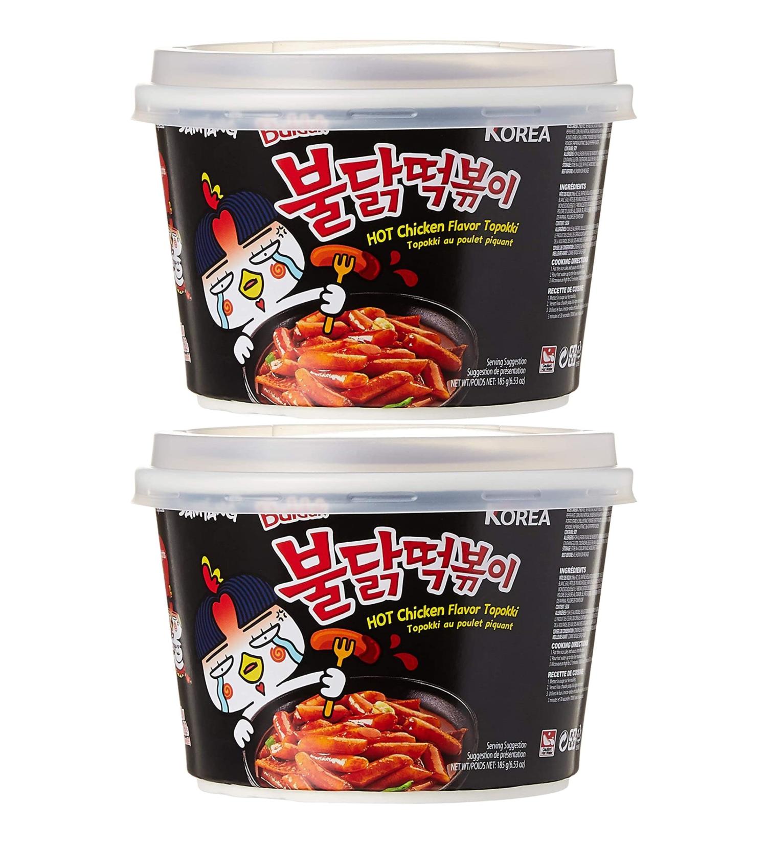 Samyang Tteokbokki Buldak Noodles 2 Packs of Samyang Buldak Hot Chicken Flavour Topokki 185g By The Great British Kitchen - Buy Online on GoSupps.com