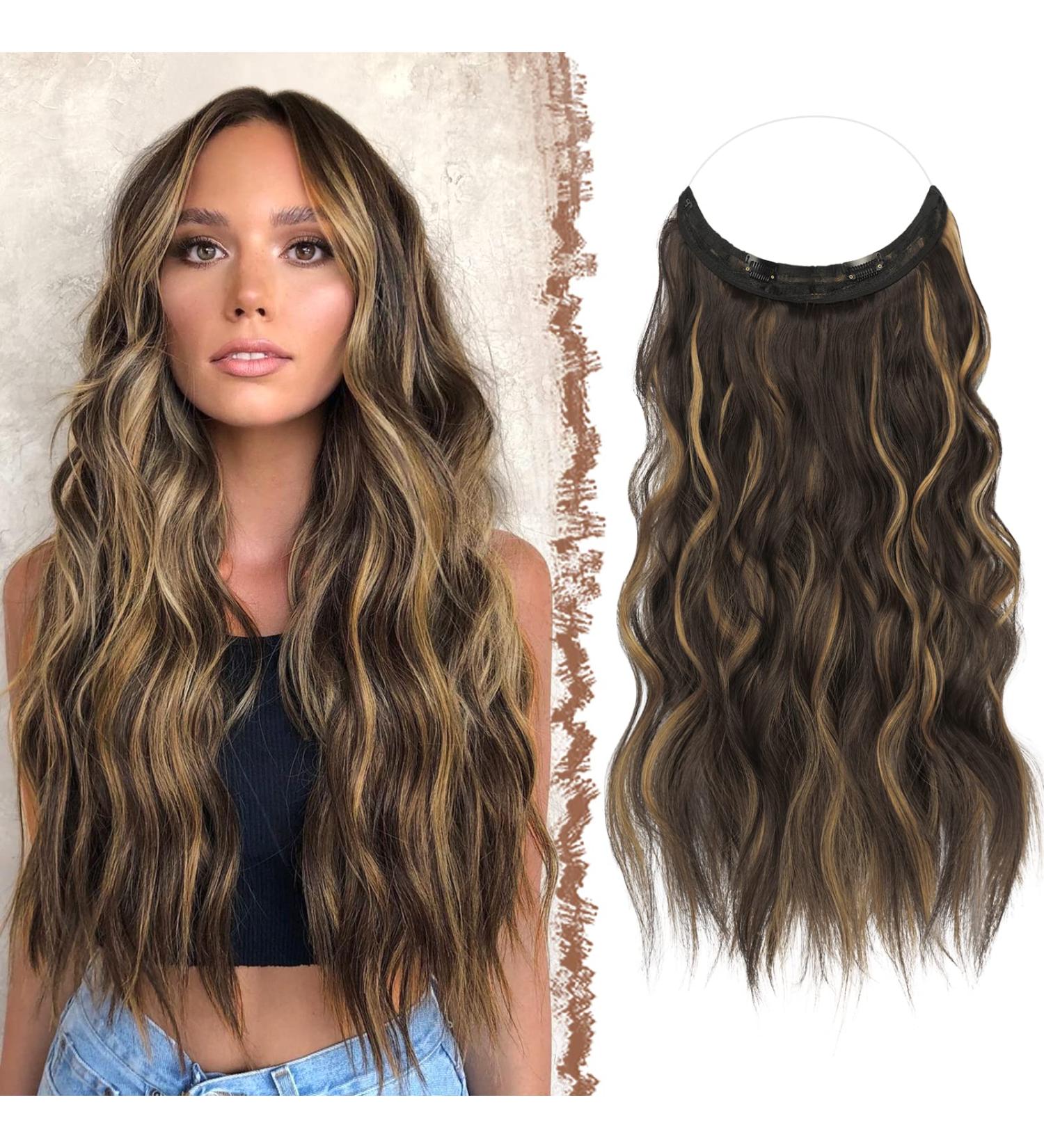 FESHFEN Invisible Wire Hair Extensions - Long Wavy Secret Headband Hairpiece 16 Inch - Brown Highlighted Caramel Blonde - Buy Online on GoSupps.com