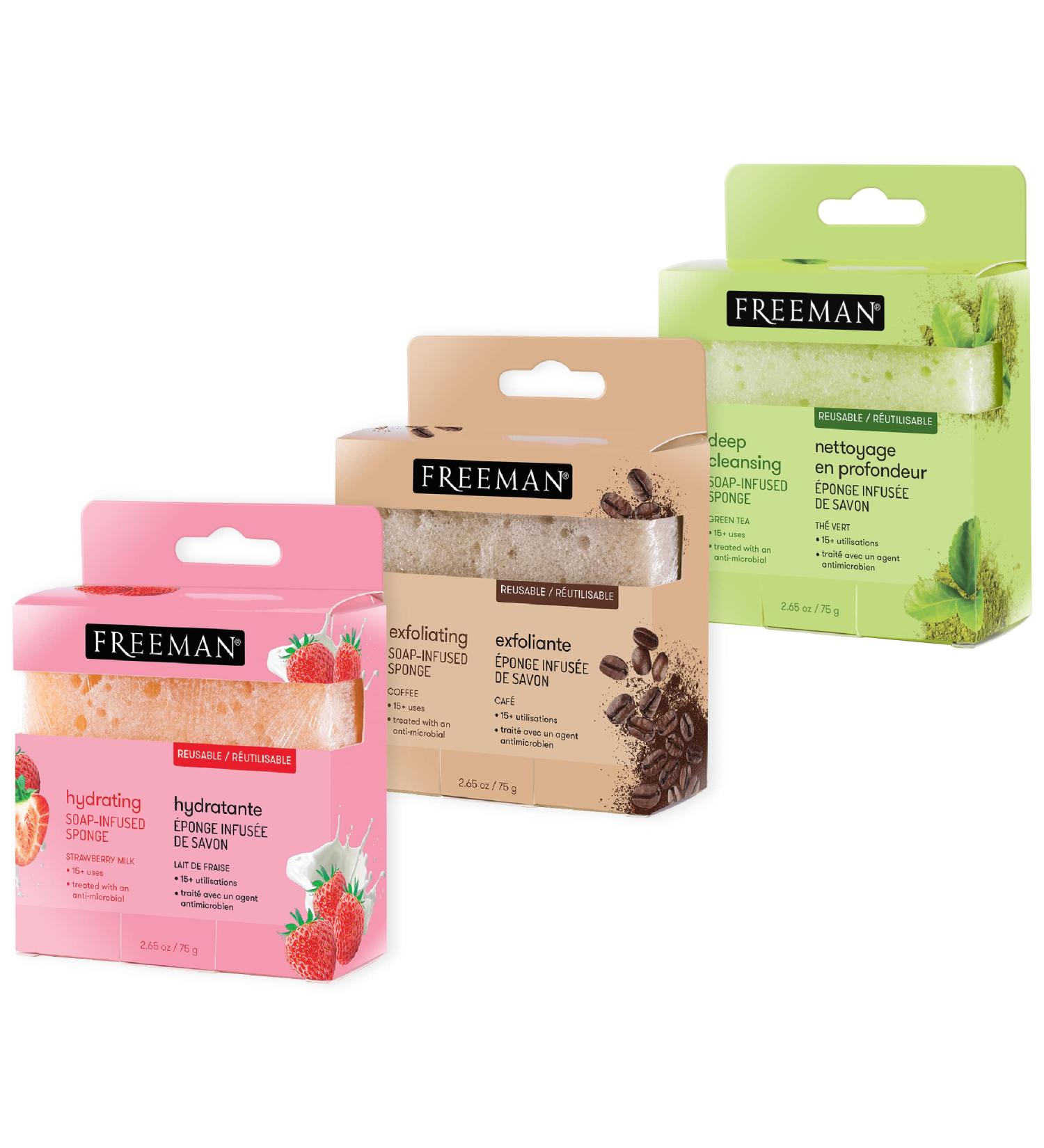 Freeman Soap Sponge Bundle - Coffee, Green Tea, and Strawberry Shower Sponges - 3 Count | Hydrating, Cleansing, Exfoliating, Self-Tanner Removal - Buy Online on GoSupps.com