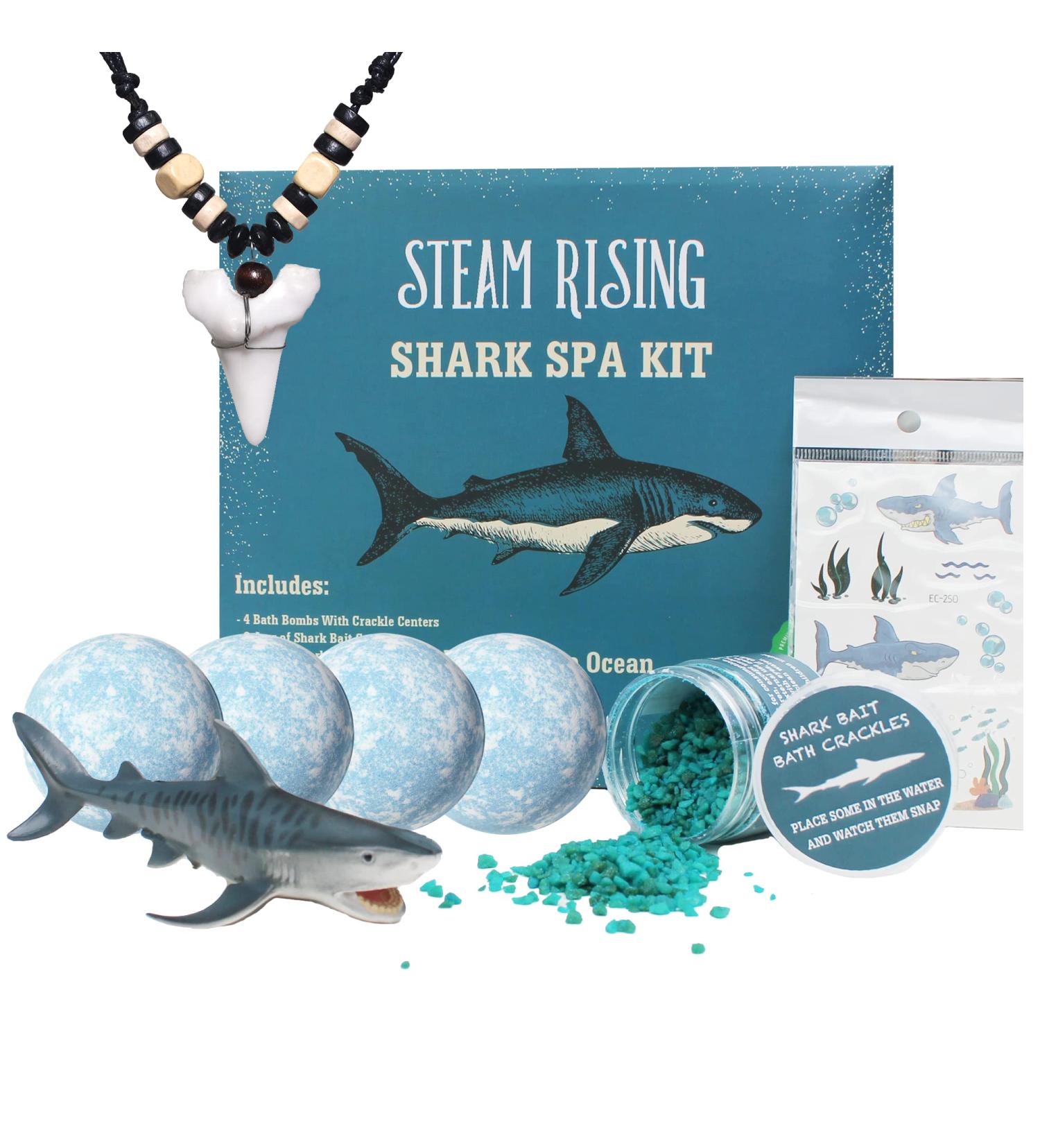 Organic Shark Bath Toy Spa Kit with Bath Crackles, Vinyl Toy, Tattoos, and Necklace - Perfect Boys' Birthday Gift | Safe & Natural - Buy Online on GoSupps.com