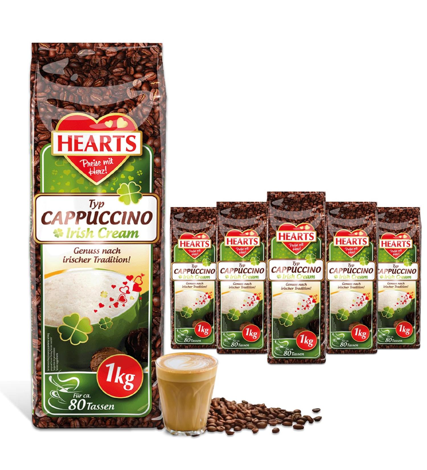 HEARTS Cappuccino Irish Cream 5 x 1 kg Instant Easily soluble coffee powder pack of 5 approx. 400 cups enjoyment according to Irish tradition - Buy Online on GoSupps.com