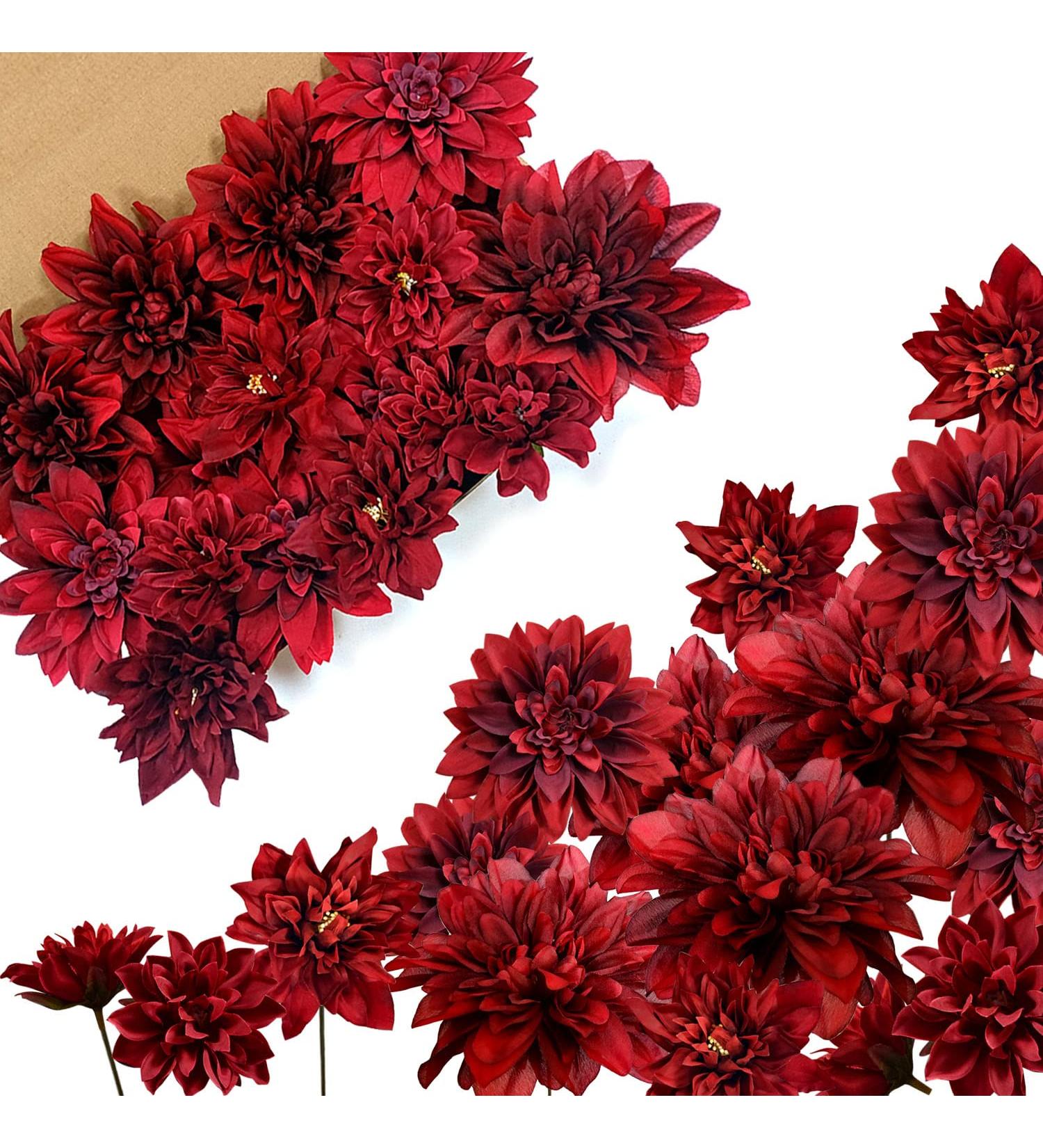 OrgMemory Silk Flowers  Artificial Flower Bouquet  Artificial Flowers Combo Box  Flowers with Stems for DIY Floral Arrangements Bouquets Wedding Party Home Baby Shower Decor (Burgundy Dahlias)