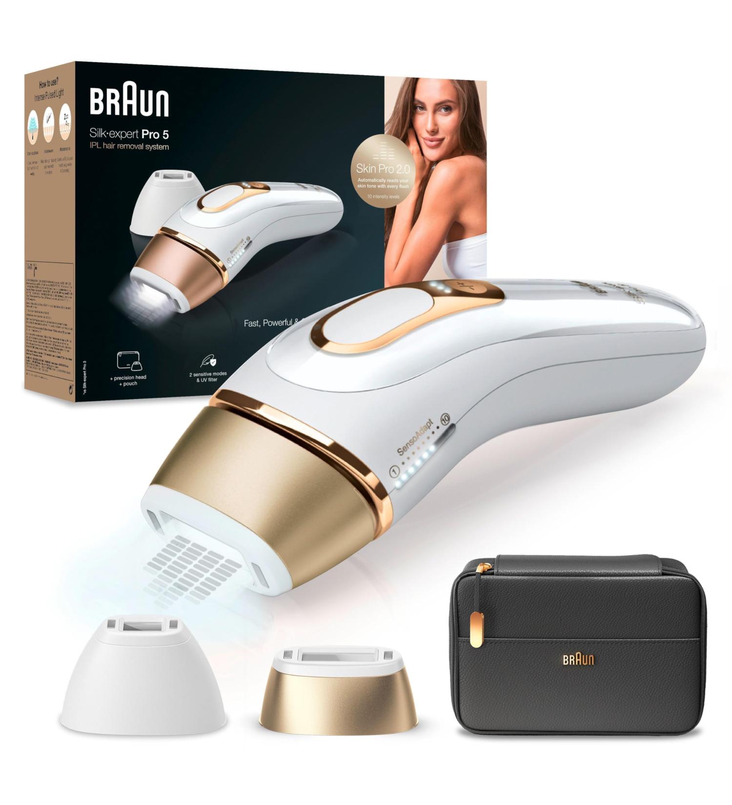 Braun IPL Silk Expert Pro 5 - Men's & Women's Hair Removal Device 2 Attachments Effective & Safe Alternative to Laser PL5140 Designed in Germany White/Gold - Buy Online on GoSupps.com