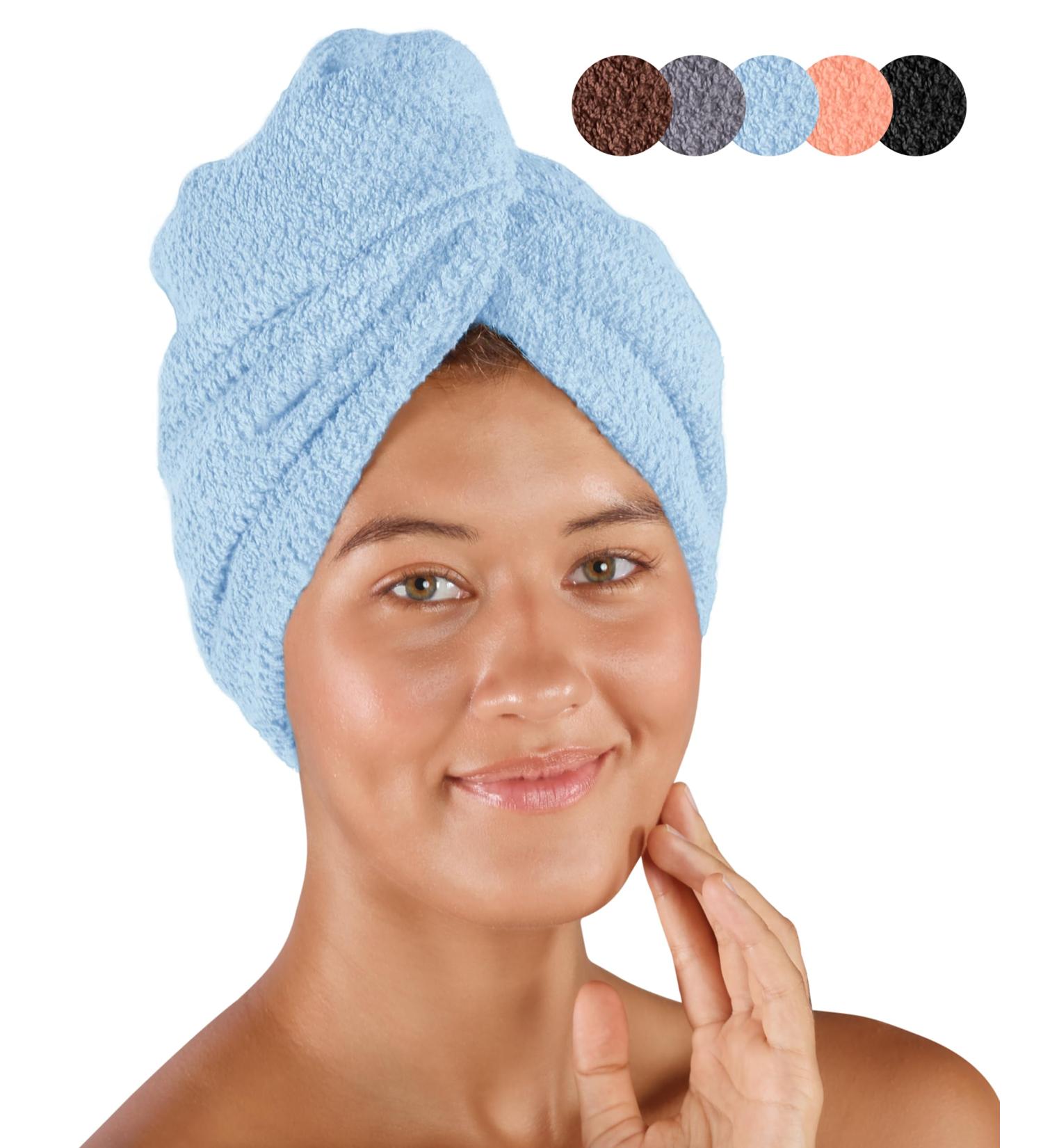 Shop Pamuq 100% Cotton Hair Turban - Light Blue 2 Set | Quick-Drying Button Hair Towel - Buy Online on GoSupps.com