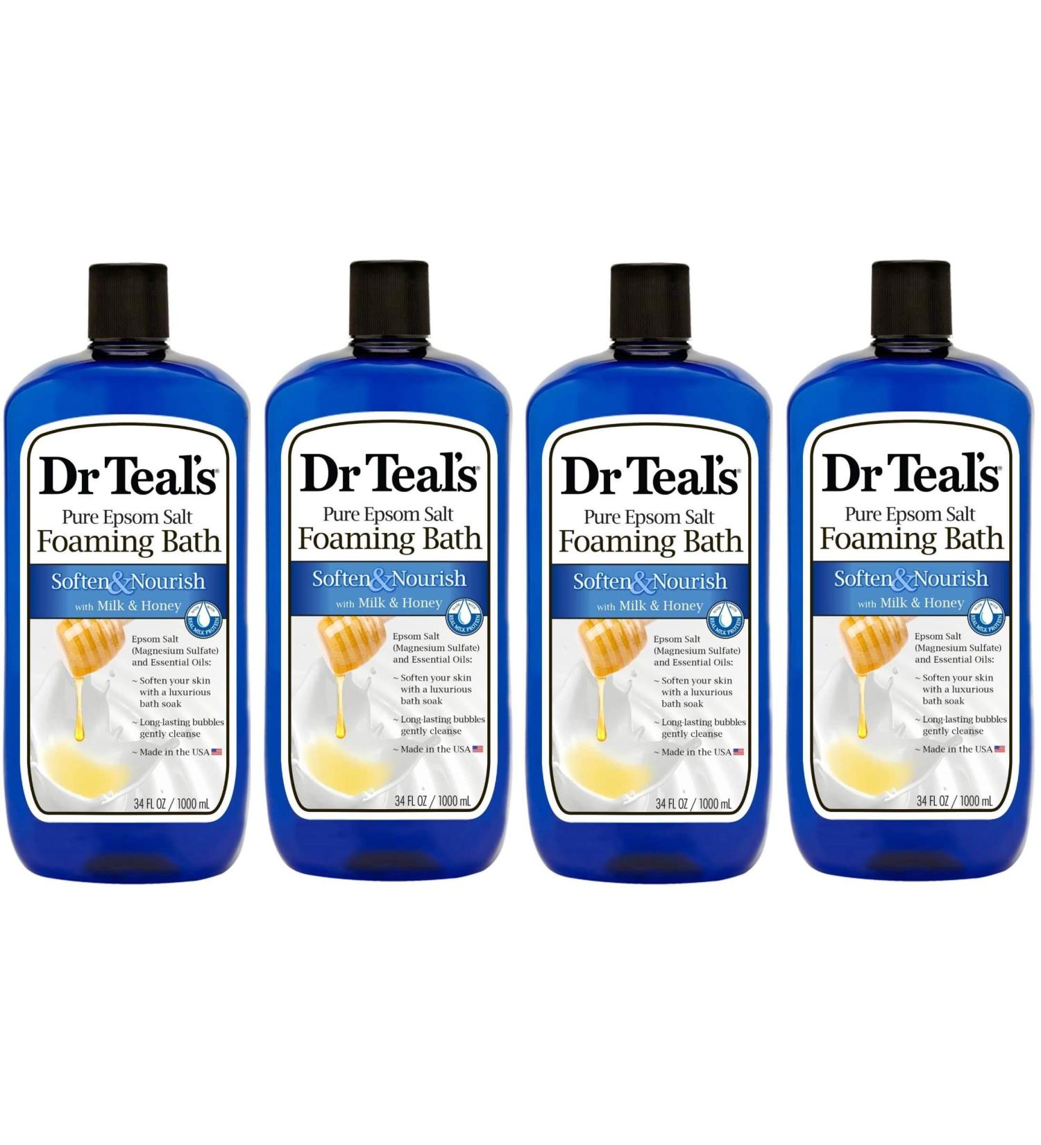 Dr Teal's Foaming Bath 4-Pack (136 fl oz Total), Soften & Nourish with Milk & Honey Honey 34 Fl Oz (Pack of 4)