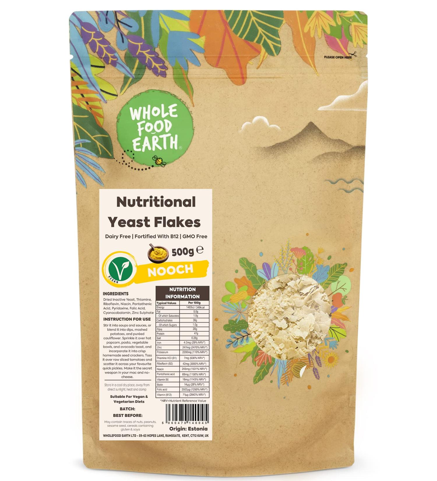 Wholefood Earth Nutritional Yeast Flakes 500g - Dairy-Free, GMO-Free, Vegan with B12 - Buy Online on GoSupps.com