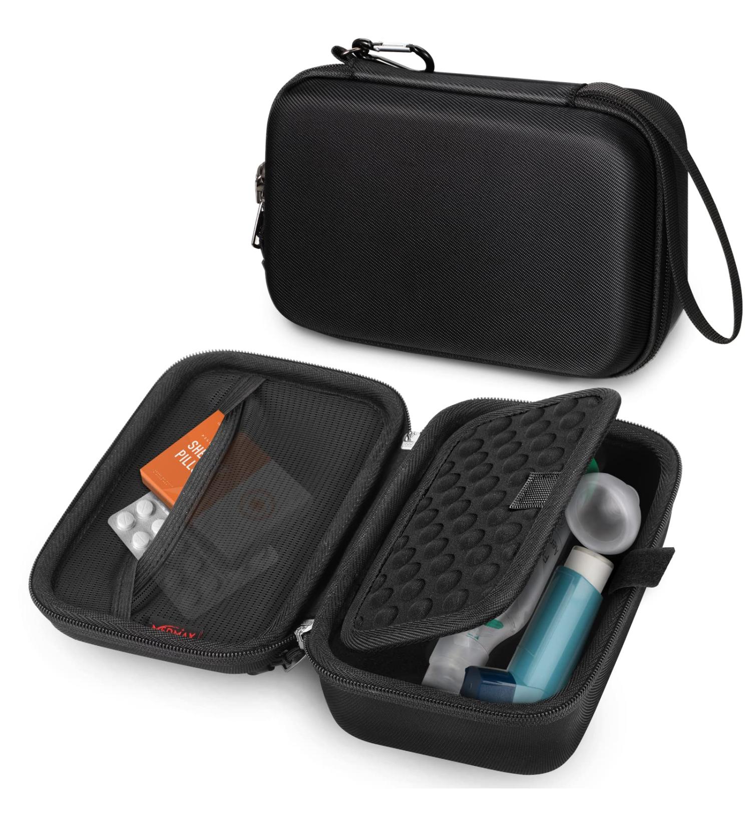 MEDMAX Hard Shell Asthma Inhaler Case - Portable Shockproof Travel Carrying Case - Clip and Handle Strap - Compatible with Chamber Spacer Masks - Black - Buy Online on GoSupps.com