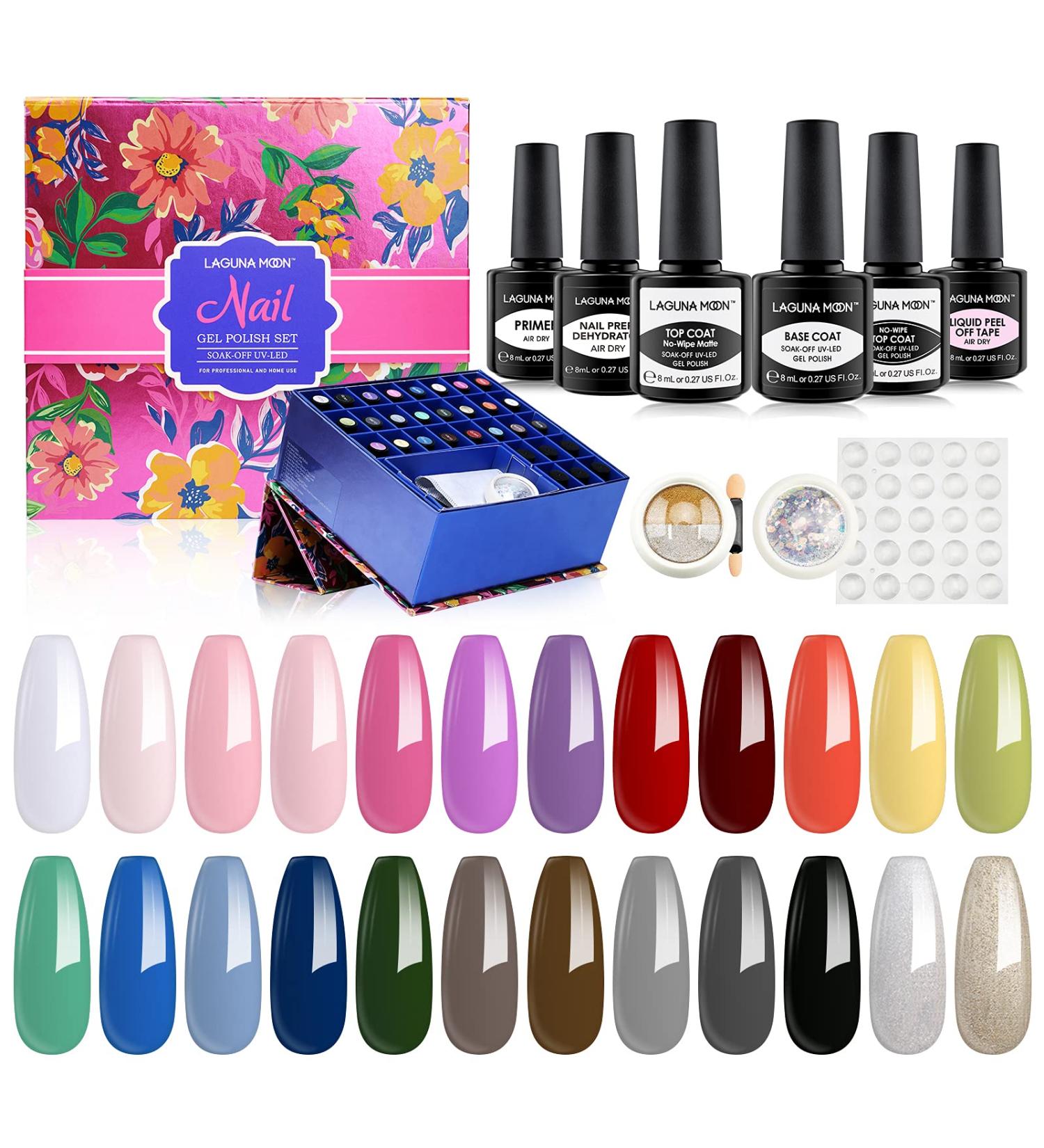 LAGUNAMOON Gel Nail Polish Set for DIY and Professional Use Soak-off Gel Polish Kit of 24 Colours with Base and Top Coat Primer Dryer Peel Off Tape Glitter Powders - Rainbow Colors Matte + Shiny Rainbow Spectrum - Matte / Gloss - Buy Online on GoSupps.com