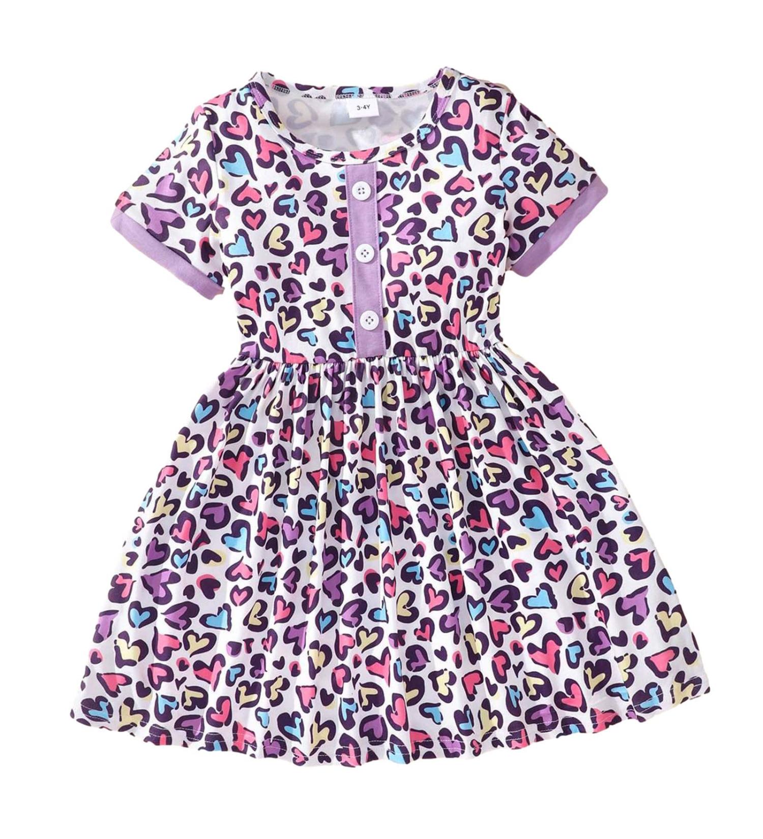 Girls Summer Dresses - Short Sleeve Dinosaur Leopard Print A-Line Toddler Outfit | A-purple 3-4T - Buy Online on GoSupps.com