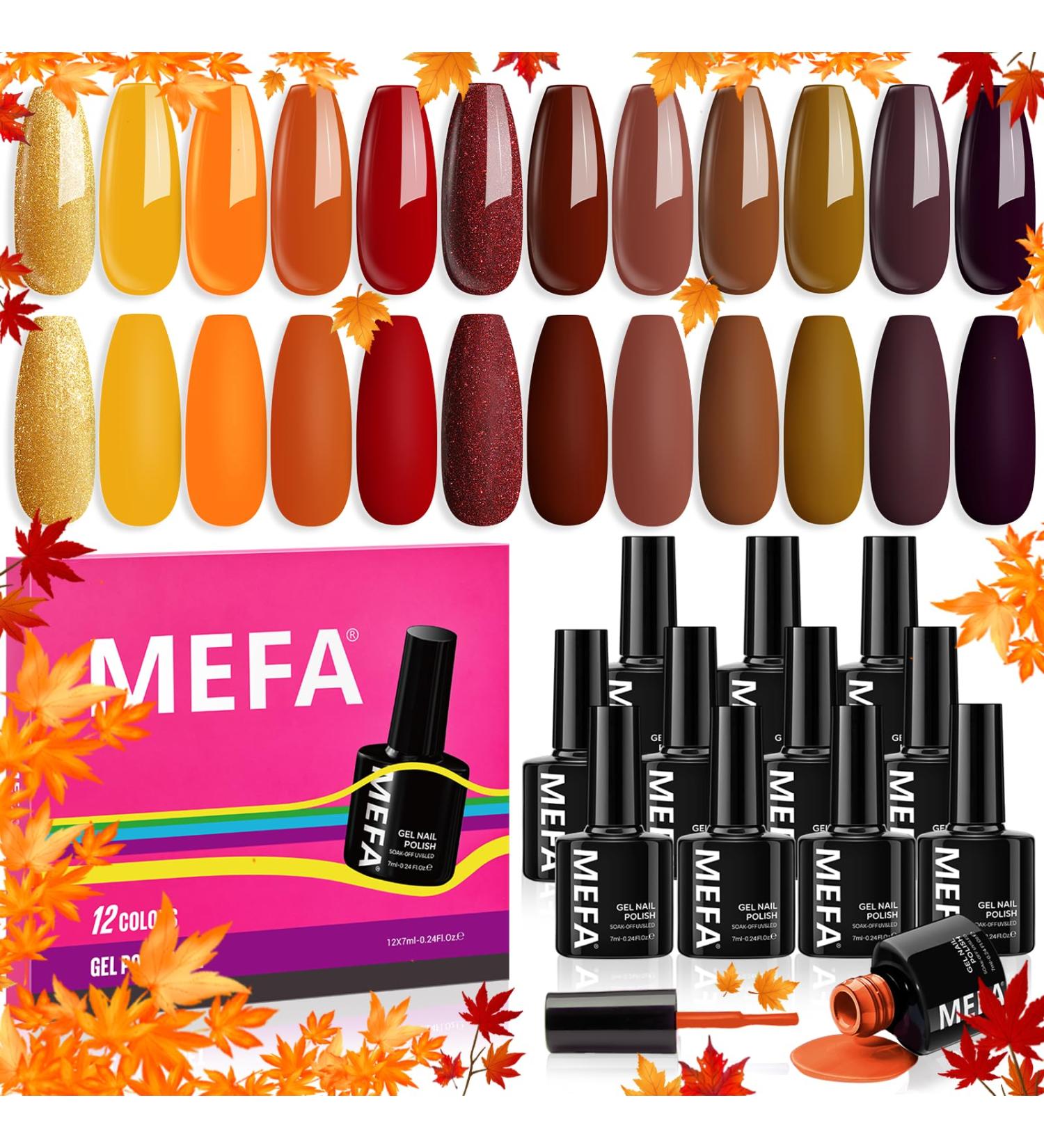 MEFA Fall Gel Nail Polish Set - 12 Autumn Colors | Orange Red Yellow Gold & Brown | Glitter Nail Art Kit for DIY Home Salon & Manicure Gifts for Women & Girls - Buy Online on GoSupps.com