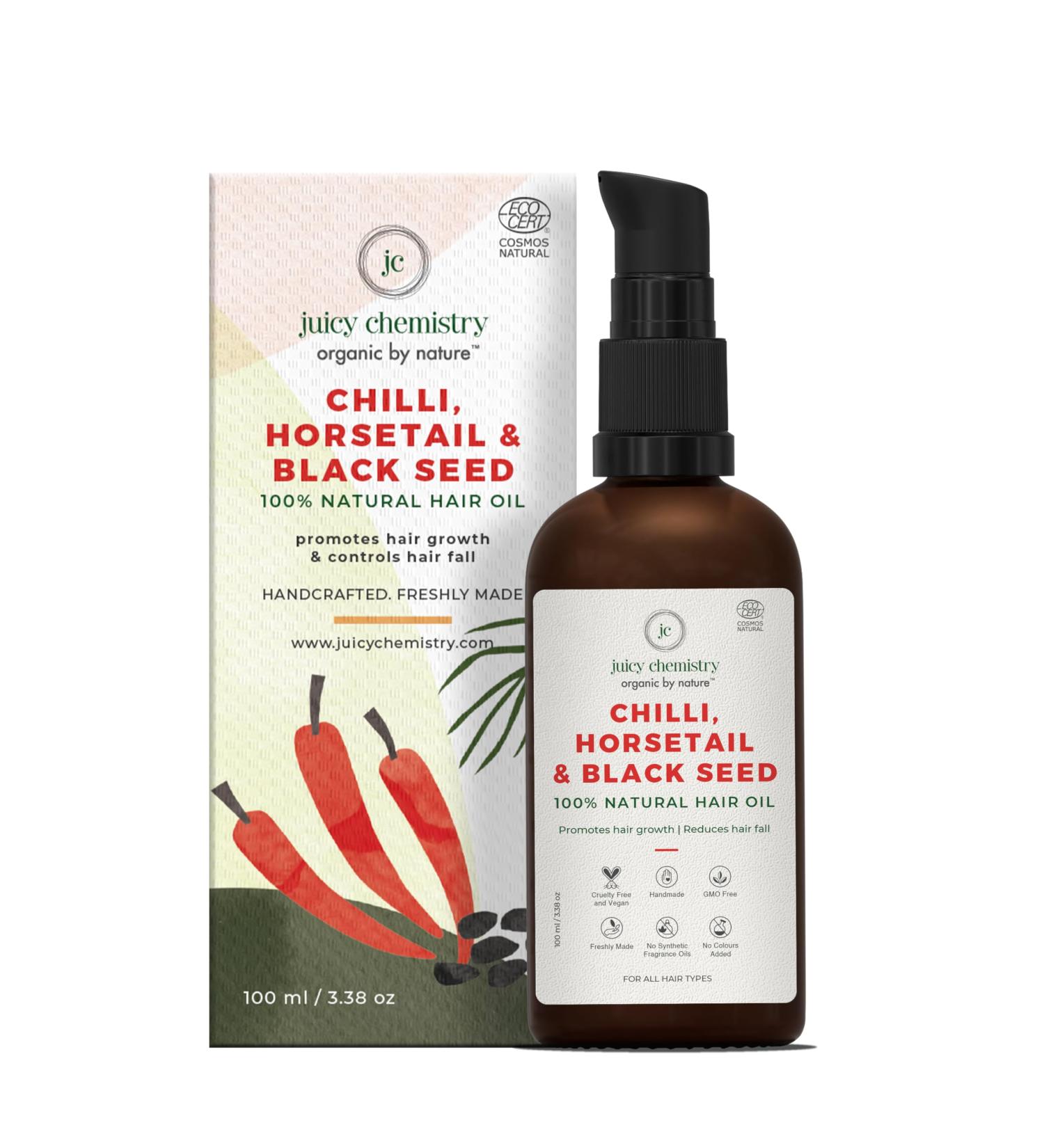 Juicy Chemistry Chilli Horsetail & Blackseed Hair Oil 100 ml | Enriched with Rosemary Oil for Hair Growth & Kalonji Oil to Control Hair Fall | For Healthy Hair| Dermatologically Tested - Buy Online on GoSupps.com