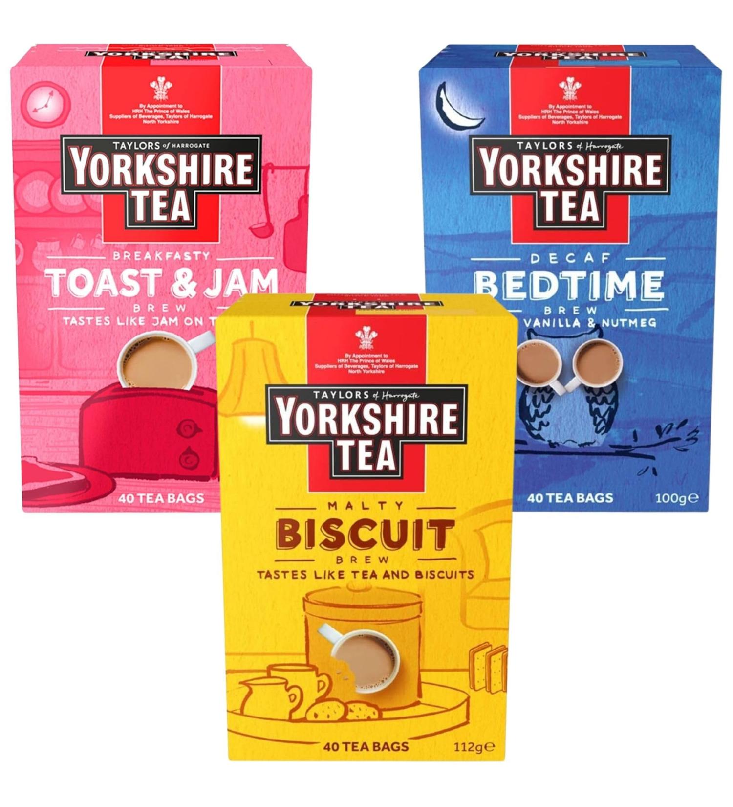 Yorkshire Tea Bags Specialty Brew Bundle Containing Biscuit Brew Toast and Jam Decaf Bedtime (Pack of 3 Total 120 tea bags) - Buy Online on GoSupps.com