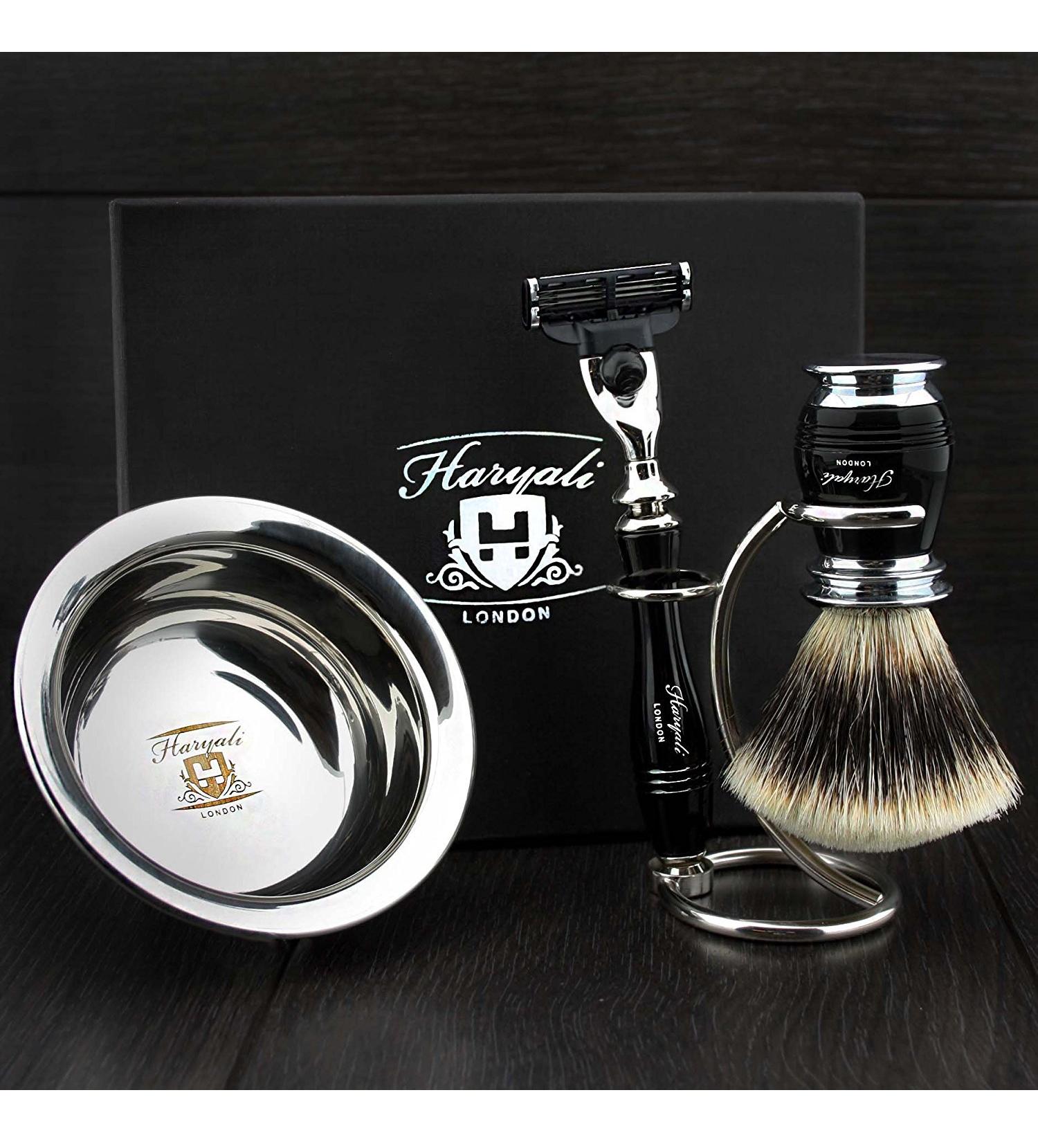 Luxury Black Men's Shaving Set | Haryali London - 3 Edge Razor Brush Stand & Bowl - International Shipping Available - Buy Online on GoSupps.com