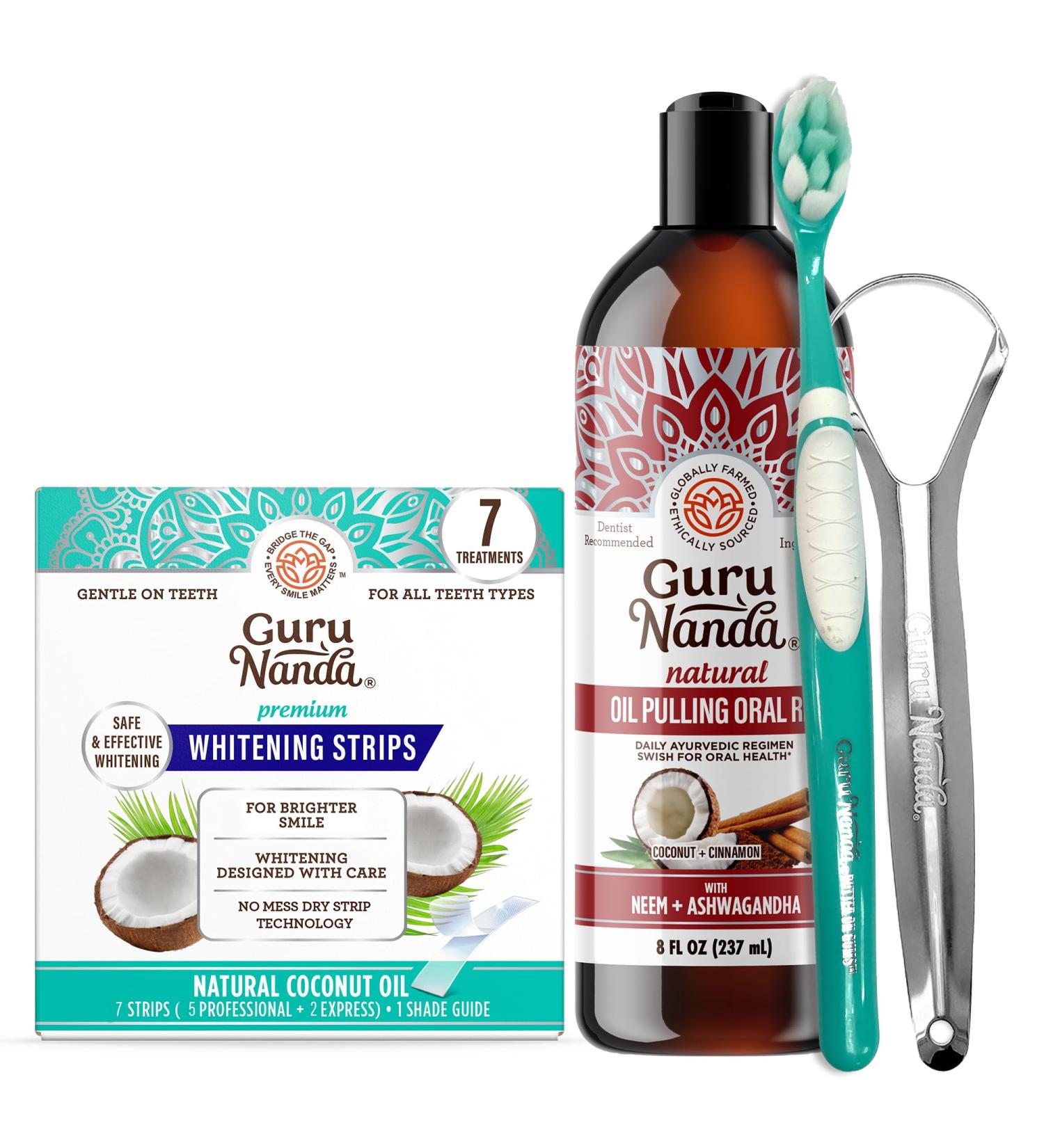 GuruNanda Ashwagandha Oil Pulling (8 Fl Oz) - 100% Pure Blend of Coconut with Essential Oils & Vitamins and Teeth Whitening Strips (7 Treatments) - Buy Online on GoSupps.com