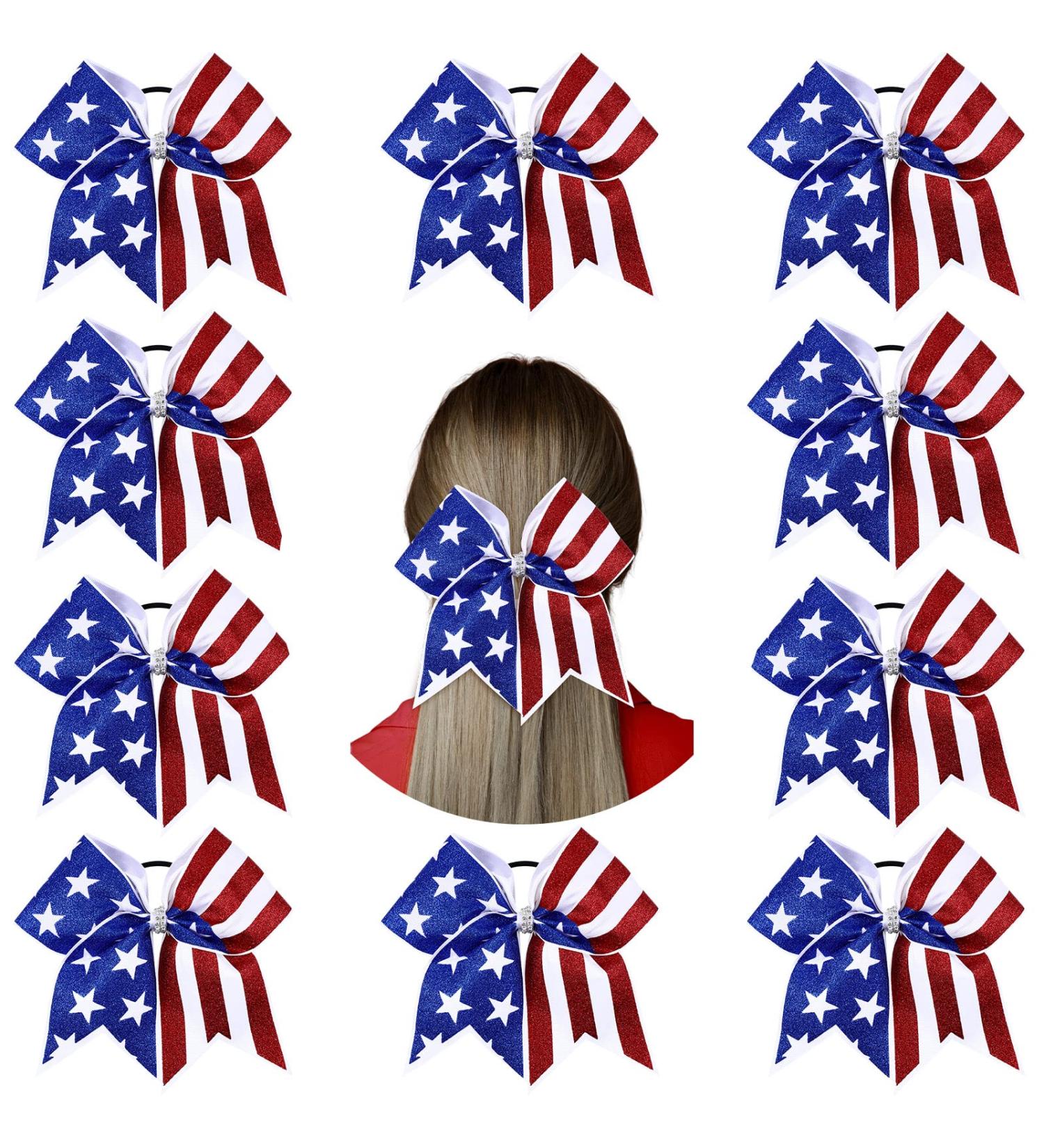 Patriotic 4th of July Glitter Cheer Hair Bows Set - 10pcs | Red White Blue America Flag Design | Independence Day Hair Accessory for Kids - Buy Online on GoSupps.com