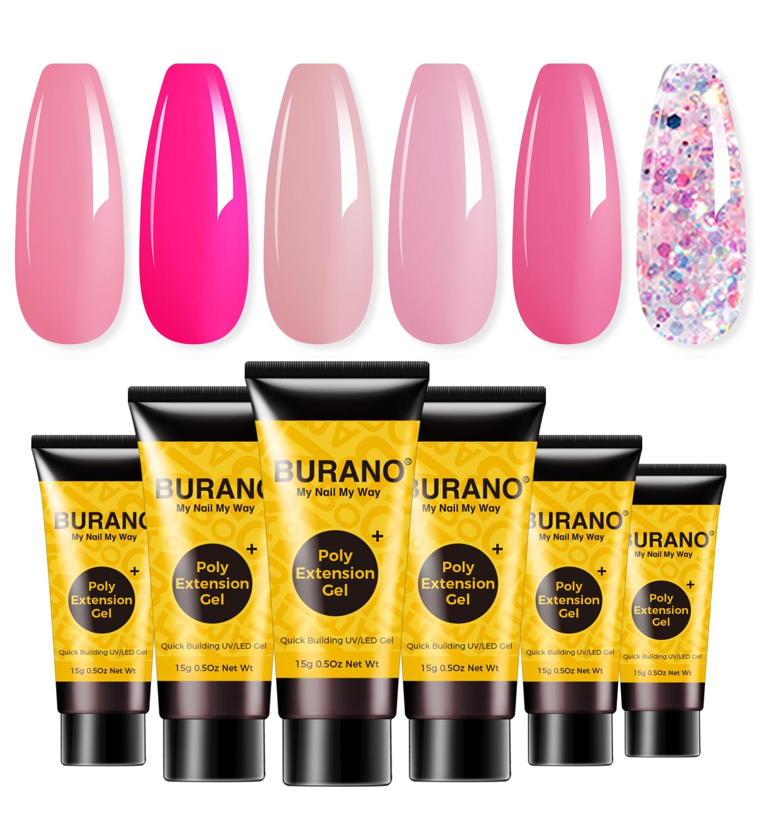 BURANO Poly Extension Gel Nail Kit 6 Colors Builder Set for Beginner & Professional | DIY Poly Nail Gel Kits Starter Kit Nail Art Gift - Pink Glitter (04) - Buy Online on GoSupps.com