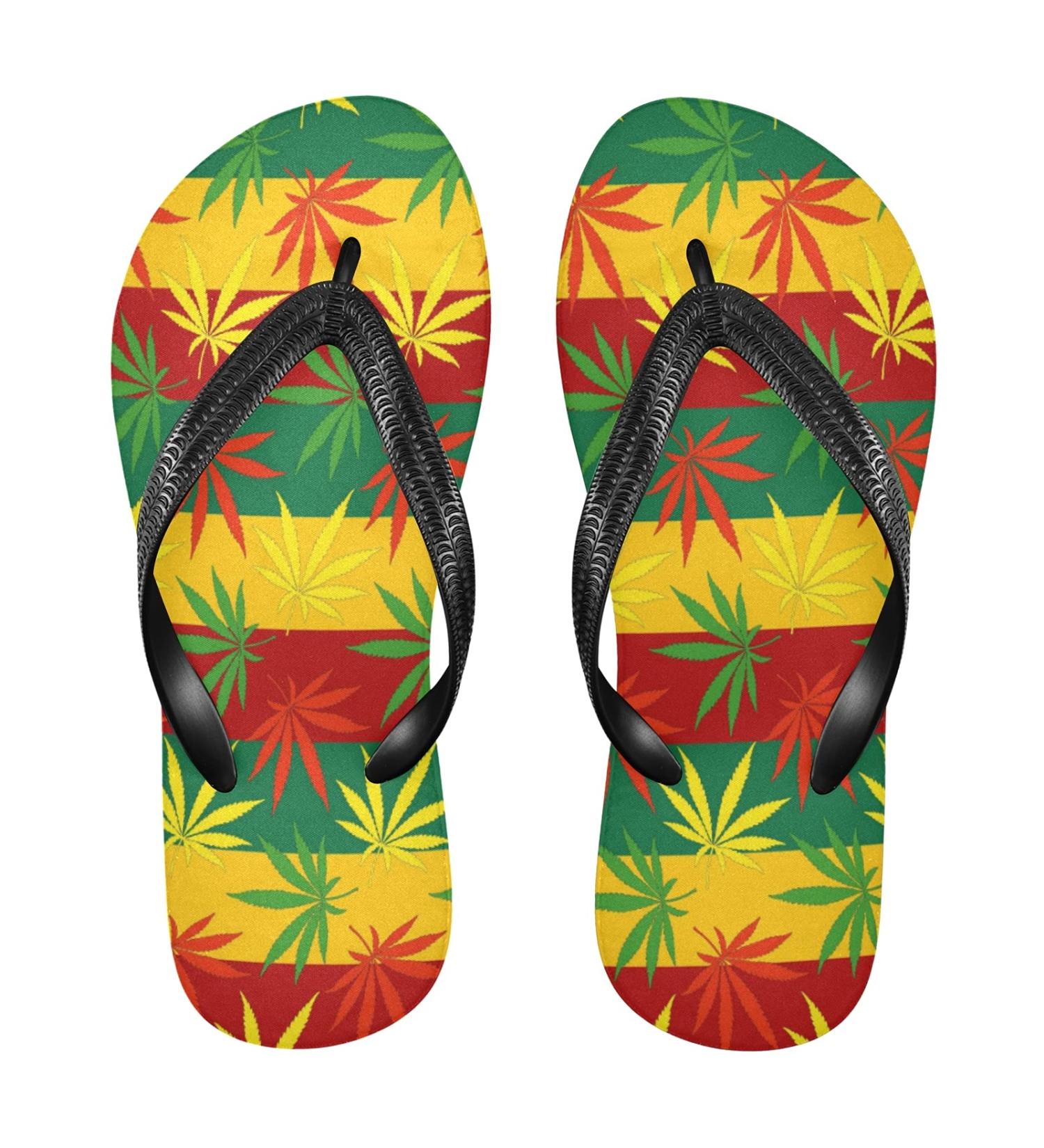 Mnsruu Flip-Flops with Marijuana Leaves | Striped Multi-Colored Design for Home Hotel Spa & Travel | Unisex Footwear for Men & Women - Buy Online on GoSupps.com