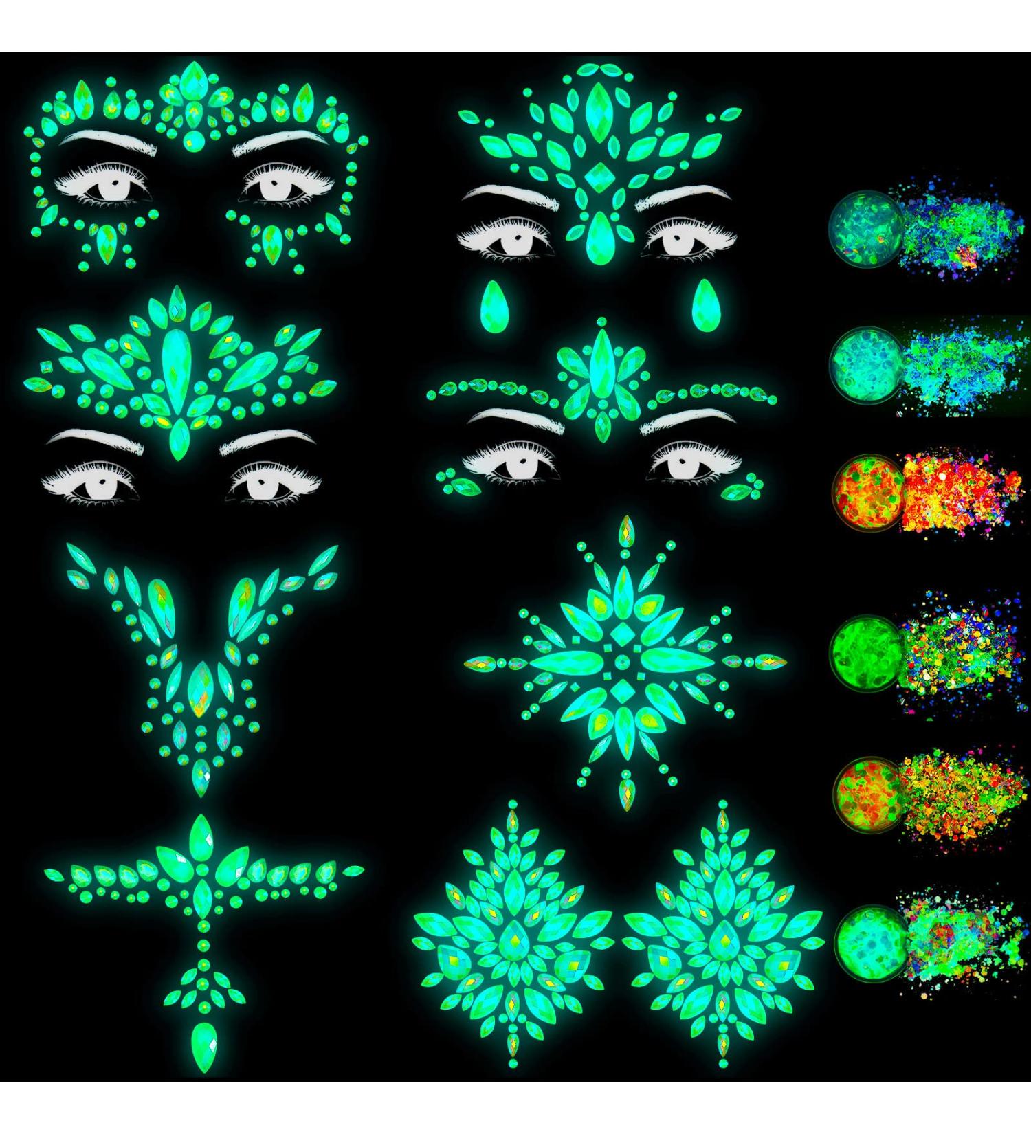 Glow in the Dark Face Jewels and Chunky Glitter Set for Halloween Makeup - 14 Sheets - Buy Online on GoSupps.com