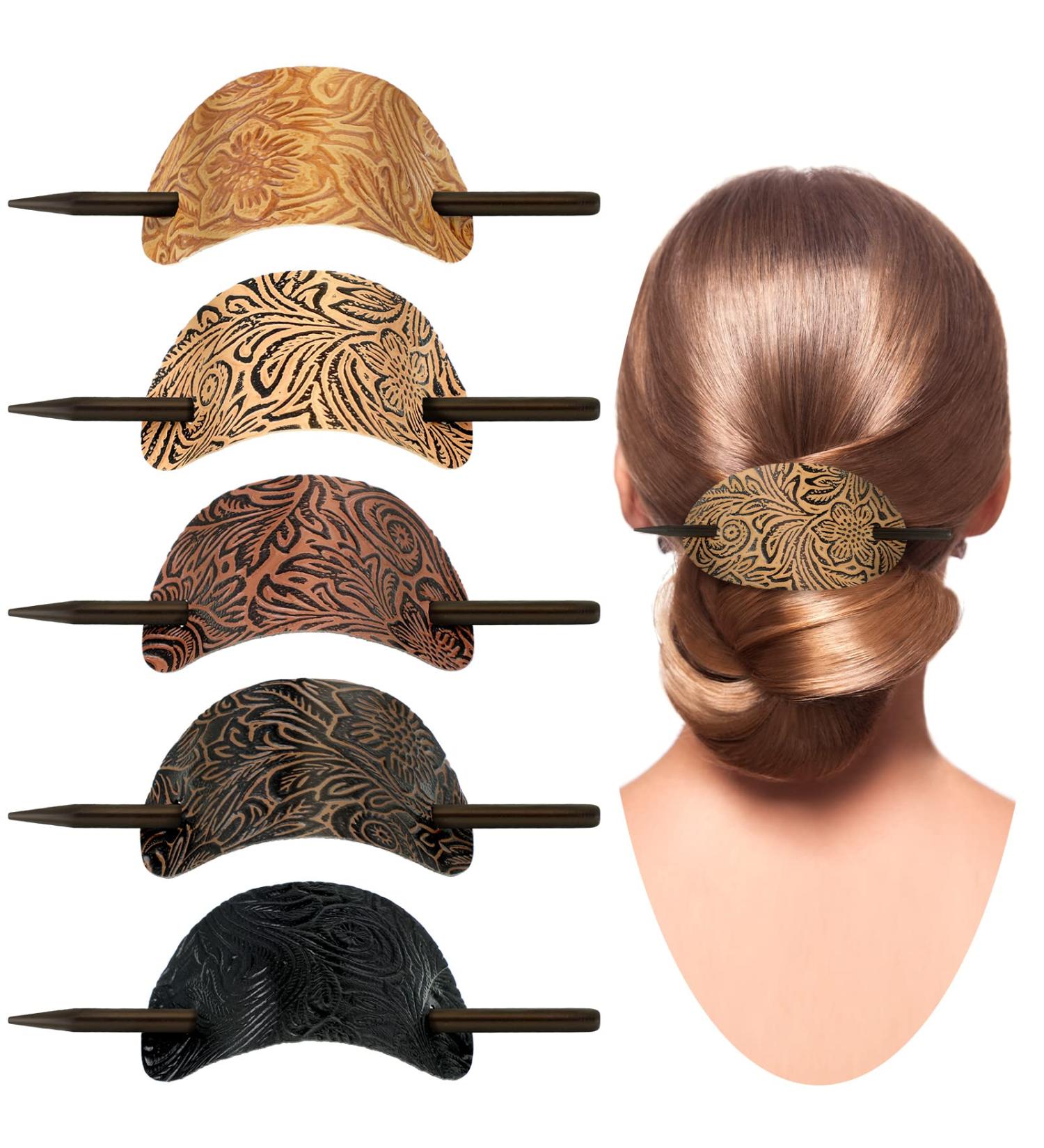 Vintage Style 5 Leather Hair Clip with Stick - Oval Shape Hair Barrette for Women and Girls - Buy Online on GoSupps.com