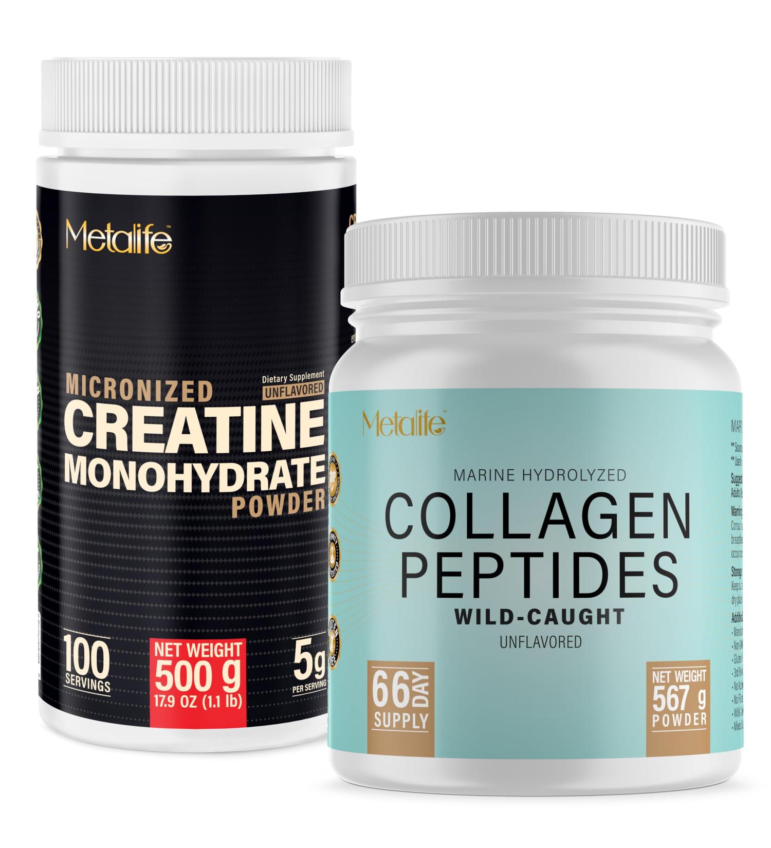 METALIFE Creatine Monohydrate 500g + Marine Collagen Peptides 20oz Bundle Muscle Strength Recovery & Joint Support Unflavored Canada-Made Wild-Caught Fish 166 Total Servings - Buy Online on GoSupps.com