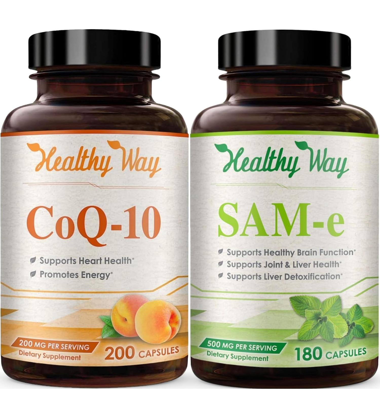 HealthyWayRx 500mg SAM-e & Coenzyme Q10 200mg CoQ10 Supplement Bundle - Brain Mood Focus and Energy Support Bundle with CoQ10 and S-Adenosyl-L-Methionine Capsules (Over 6 Month Supply) - Buy Online on GoSupps.com