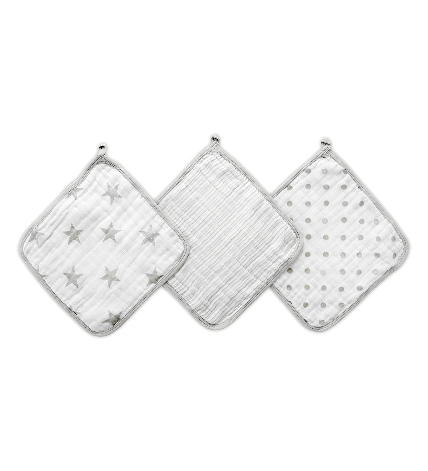 aden + anais Essentials Washcloth Set - 3-Pack, Super Soft 100% Cotton Muslin, Dusty Gray Stars - Buy Online on GoSupps.com