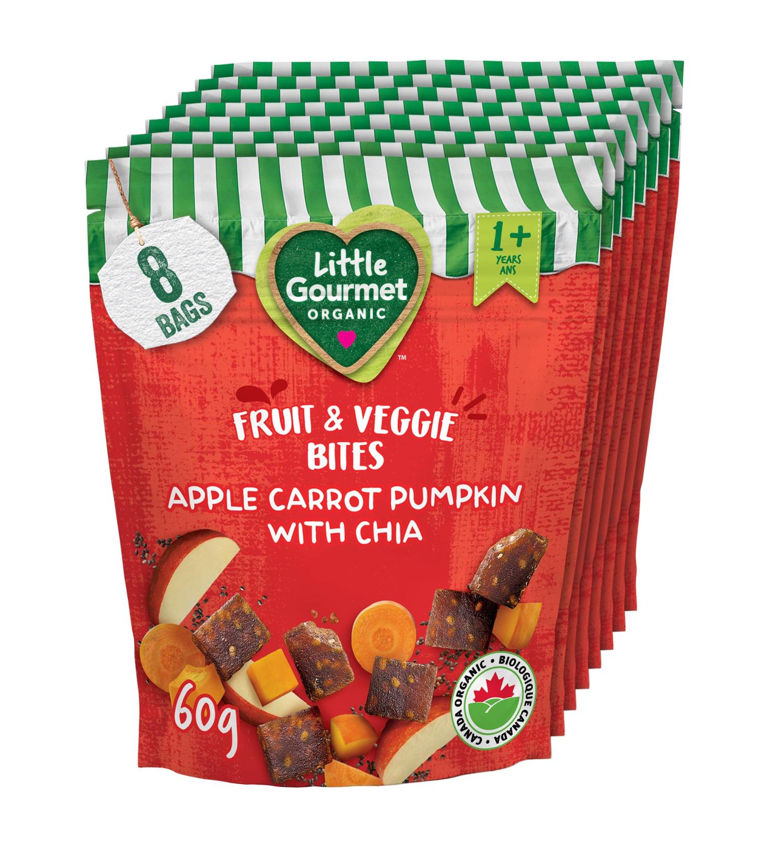Little Gourmet Organic Fruit & Veggie Bites - Pumpkin Apple with Chia - Non GMO Gluten-Free Vegan No Preservatives No Artificial Flavours No Refined Sugars - 60g Resealable Pouch 8 Count Pumpkin Apple with Chia 60 g (Pack of 8) - Buy Online on GoSupps.com