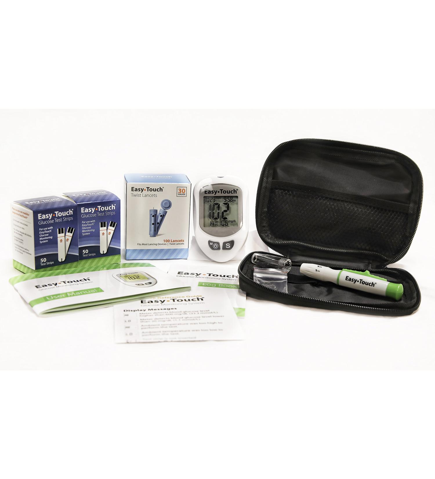 EasyTouch Diabetes Testing Kit - Blood Glucose Meter, 100 Test Strips, Lancets, Lancing Device, Manual, Logbook & Carrying Case - Buy Online on GoSupps.com