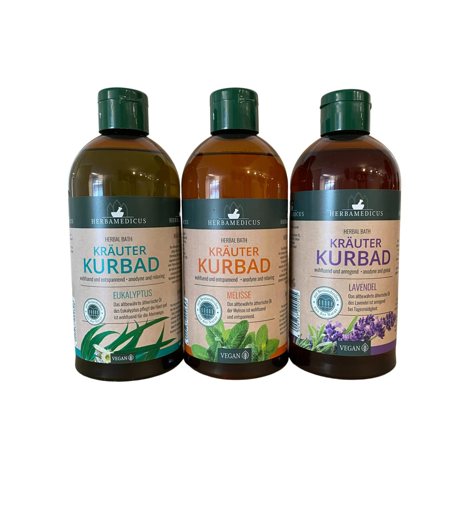 Herbal Bath Set of 3 Bath Additive Spa Bath with Essential Oils Eucalyptus Lemon Balm and Lavender Herbal Bath Herbamedicus 3 x 500ml