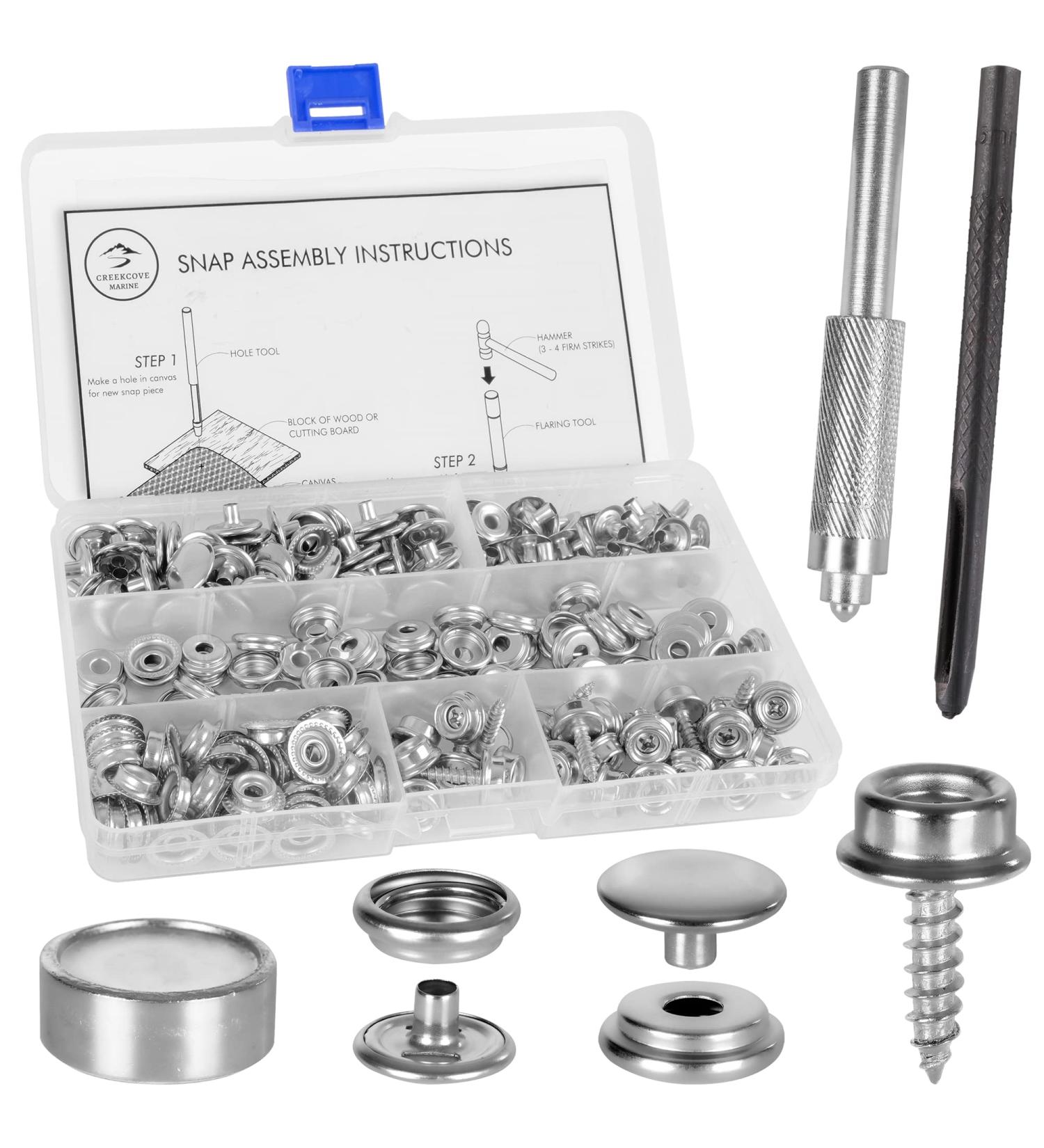 Marine Grade Stainless Steel Snap Button Kit - 228 Piece Set for DIY Canvas, Leather, and Upholstery Repair | Snap Tools and Fabric Base Components Included - Buy Online on GoSupps.com