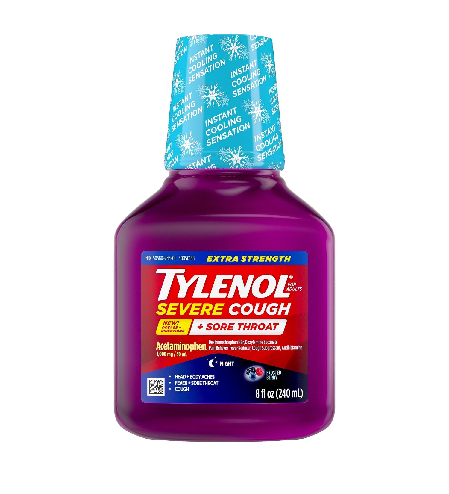 Tylenol Extra Strength Nighttime Cold Medicine - Severe Cough Sore Throat Relief Acetaminophen Dextromethorphan 8 Oz | International Shipping Available - Buy Online on GoSupps.com