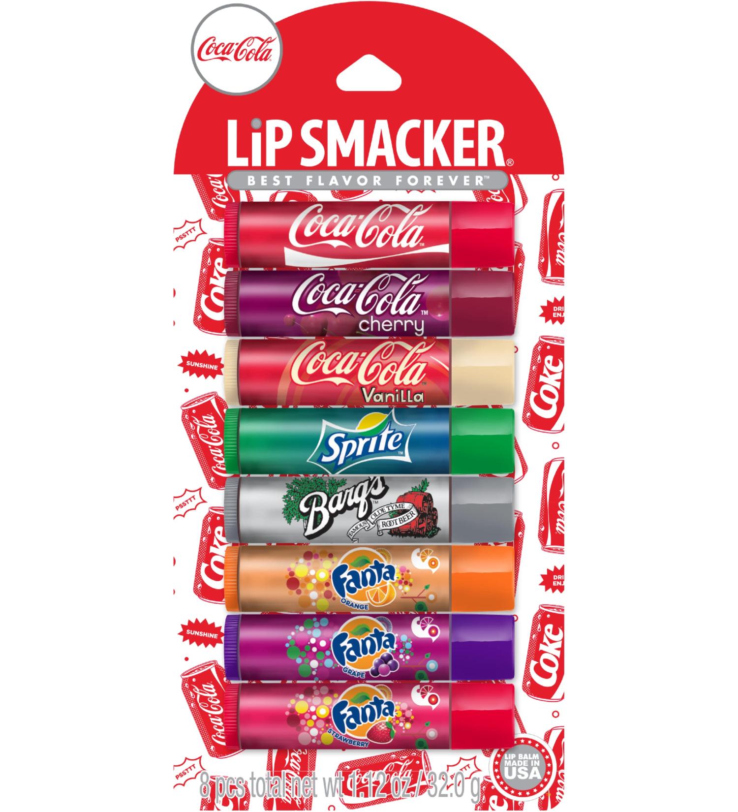 Lip Smacker Coca-Cola Flavored Lip Balm 8 Count - Variety Pack of Coke, Cherry Coke, Vanilla Coke, Sprite, Root Beer, Fanta Orange, Fanta Grape, Fanta Strawberry - Buy Online on GoSupps.com
