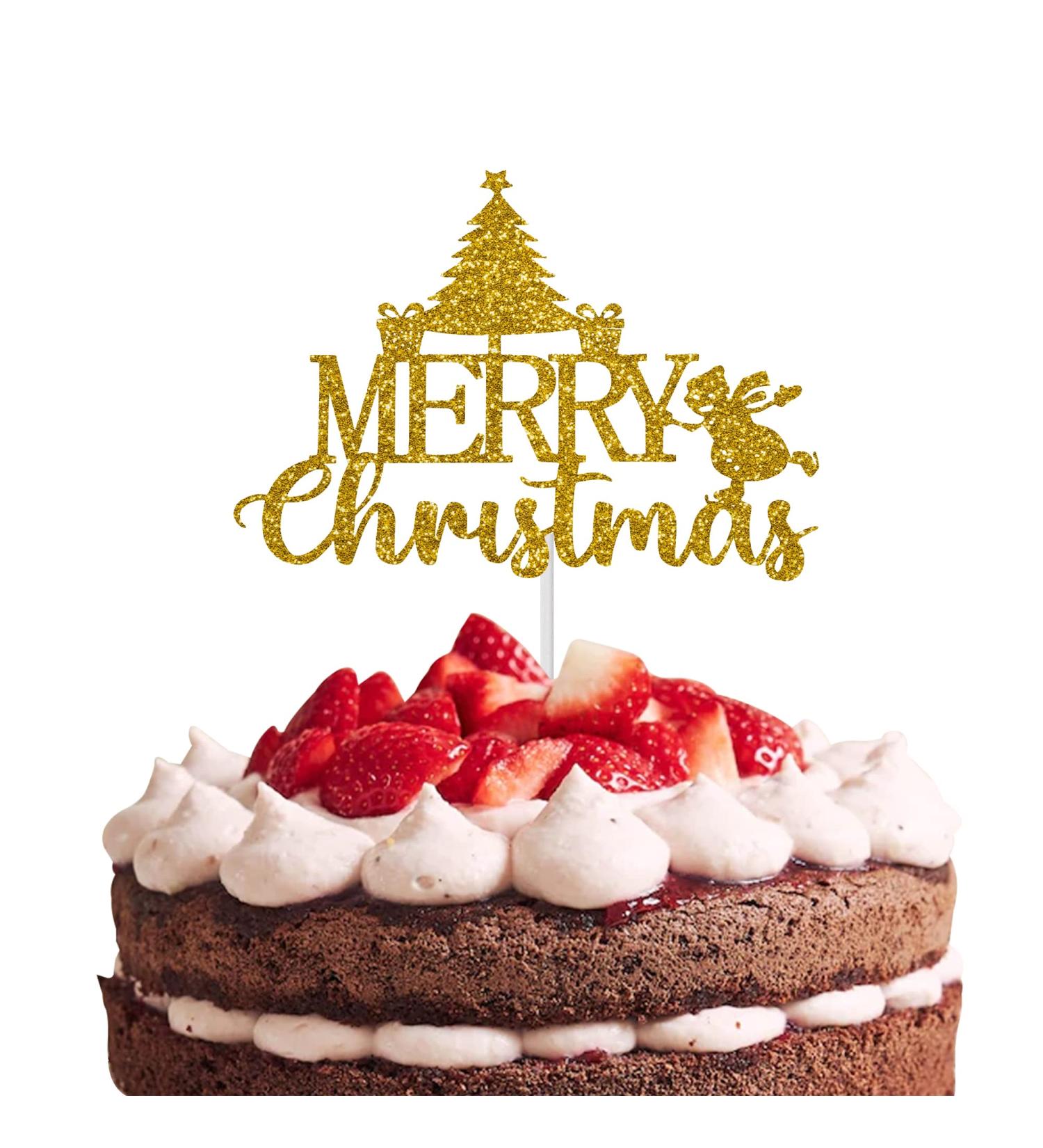 Reusable Christmas Cake Topper Double-Sided Glitter Card Christmas Cake Decorations and Holiday Cake Decorations Glitter and Gold MERRY Christmas in Cursive with Christmas Tree - 3 Little Desserts - Buy Online on GoSupps.com
