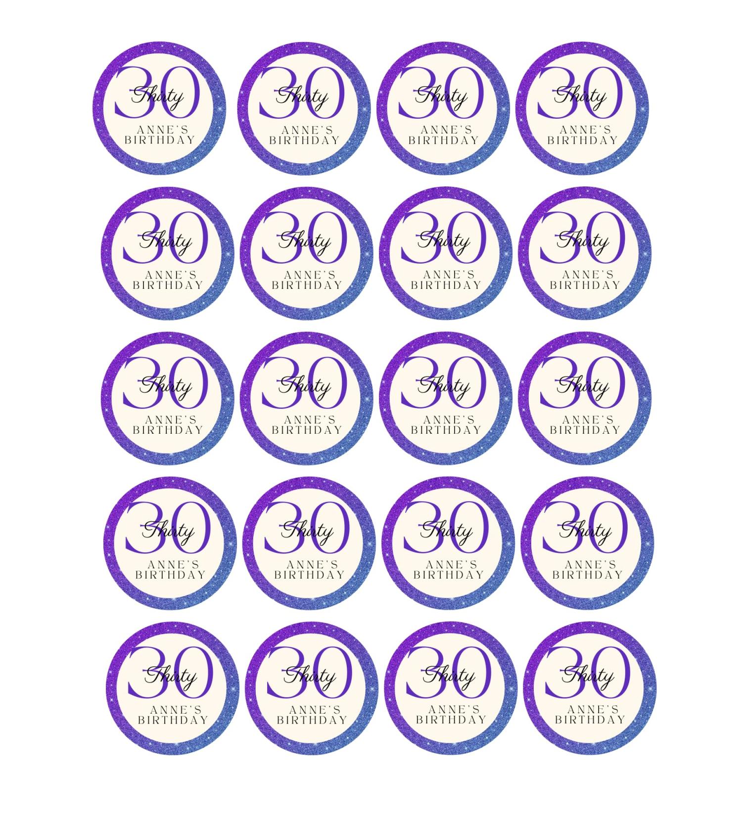 edible 20 x ANY AGE Birthday purple cupcake toppers PERSONALISED uncut - 16th/18th/21st/30th/40th/50th/60th 70th/80th (icing paper)