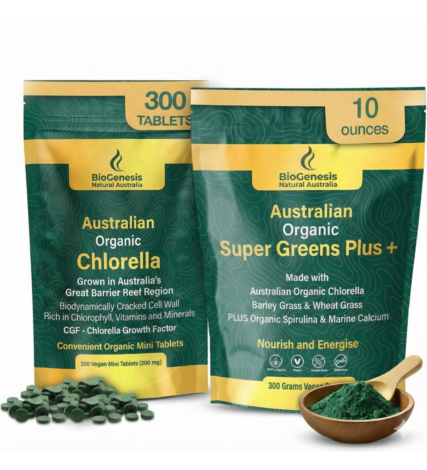 Biogenesis Organic Supergreens Kit Australian Grown Chlorella Tablets (300ct) & Unflavored SuperGreens Powder (300g) Complete Vegan Daily Green Blend for Immune System Support & Natural Energy - Buy Online on GoSupps.com