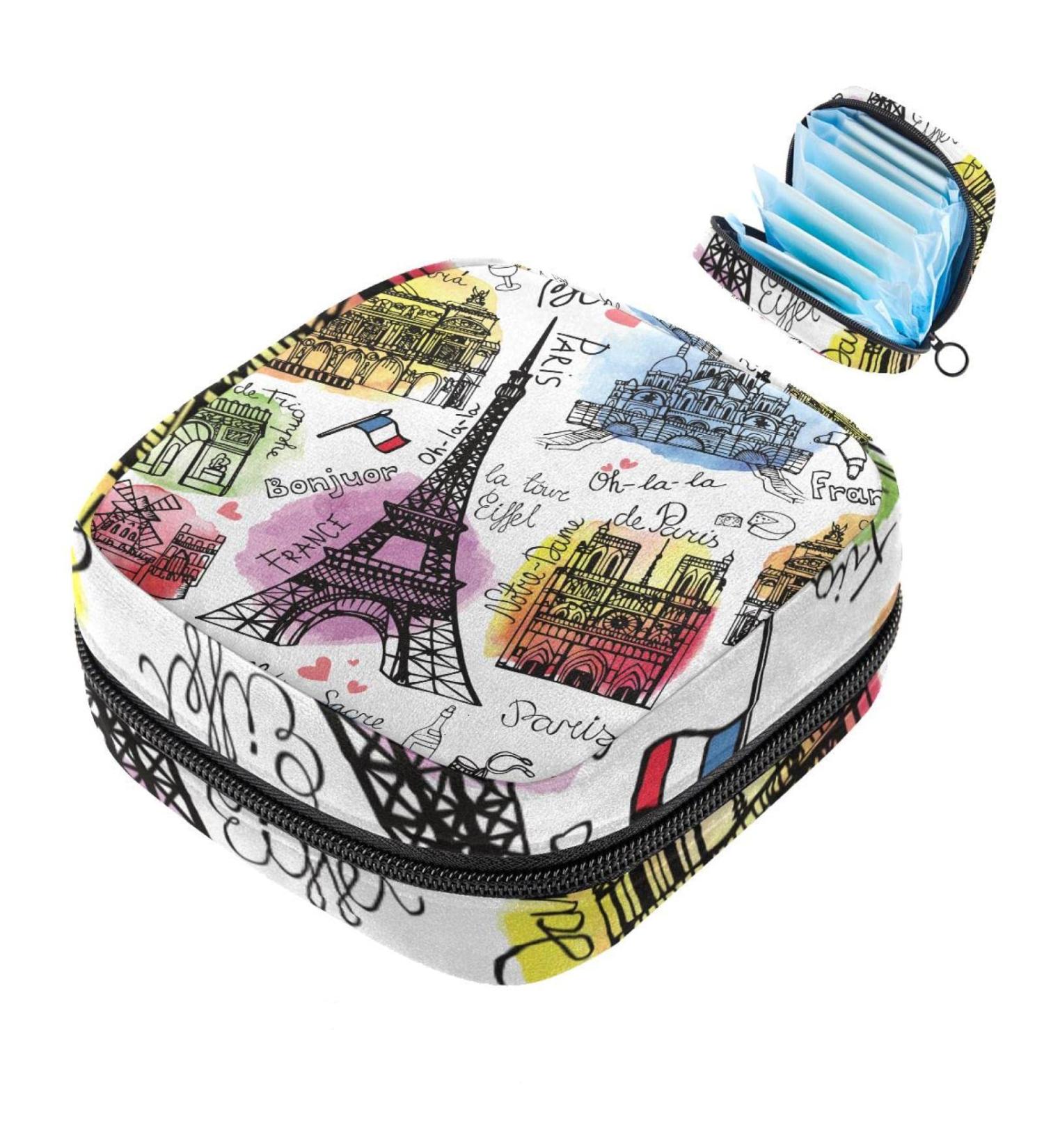 Vintage Paris Eiffel Tower Postcard Menstruation Bag with Zipper | Stylish Women's Napkin & Tampon Collection Bag - Buy Online on GoSupps.com