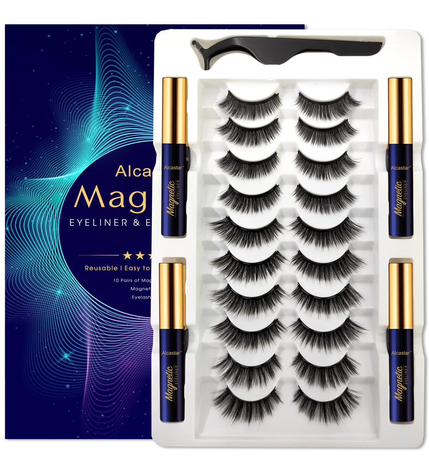Alcastar Magnetic Eyelashes Kit - Natural Look, Easy Reusable Magnet Lashes with Eyeliner - Long Lasting, Waterproof, Cruelty Free - 10 Pairs + 4 Tubes - H46 - Buy Online on GoSupps.com