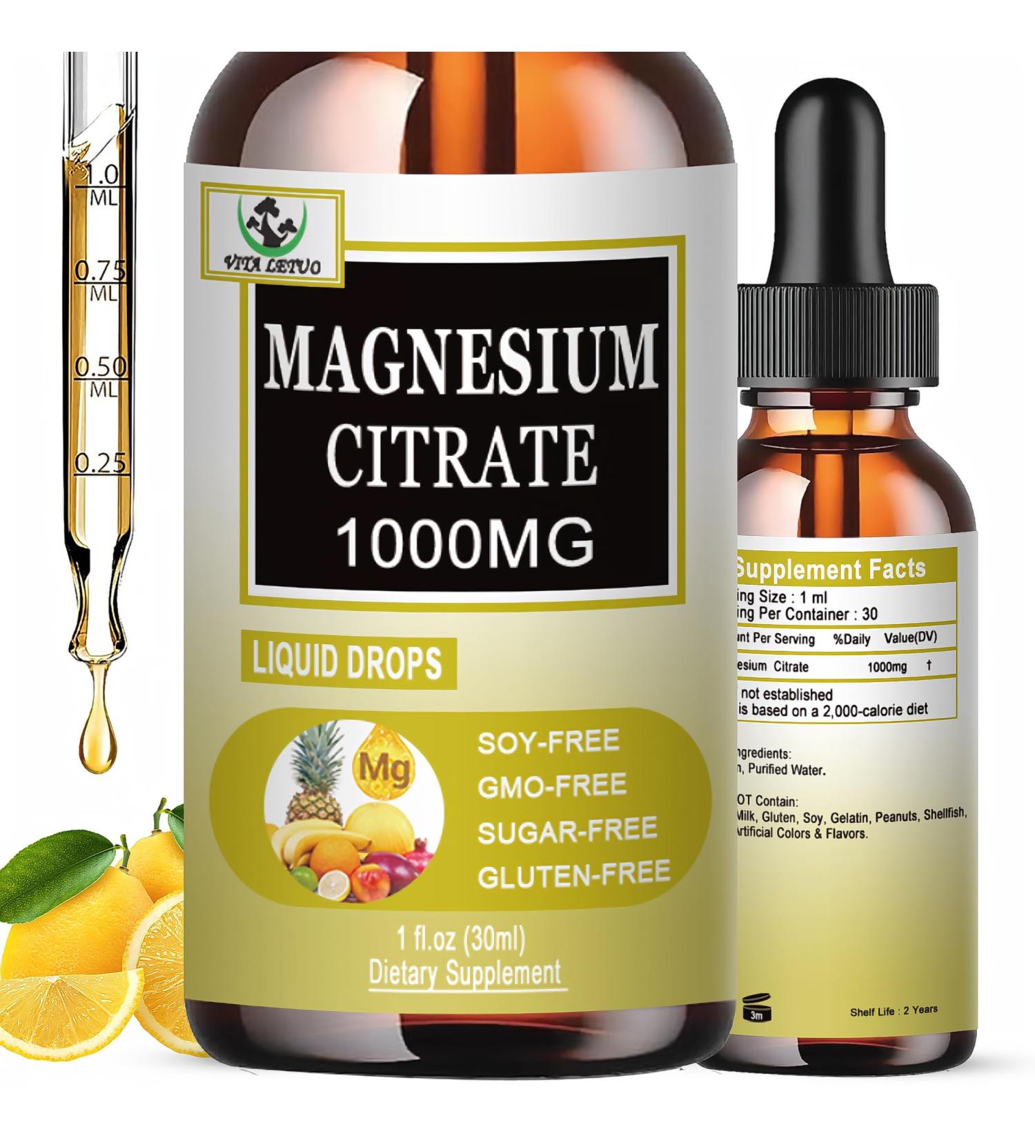 Magnesium Citrate Liquid Drops | High Absorption Liquid Magnesium Supplement for Sleep Muscle & Heart Support - Magnesium Citrate 1000mg for Adults Women & Men - Vegan | Non-GMO - 30 Servings - Buy Online on GoSupps.com